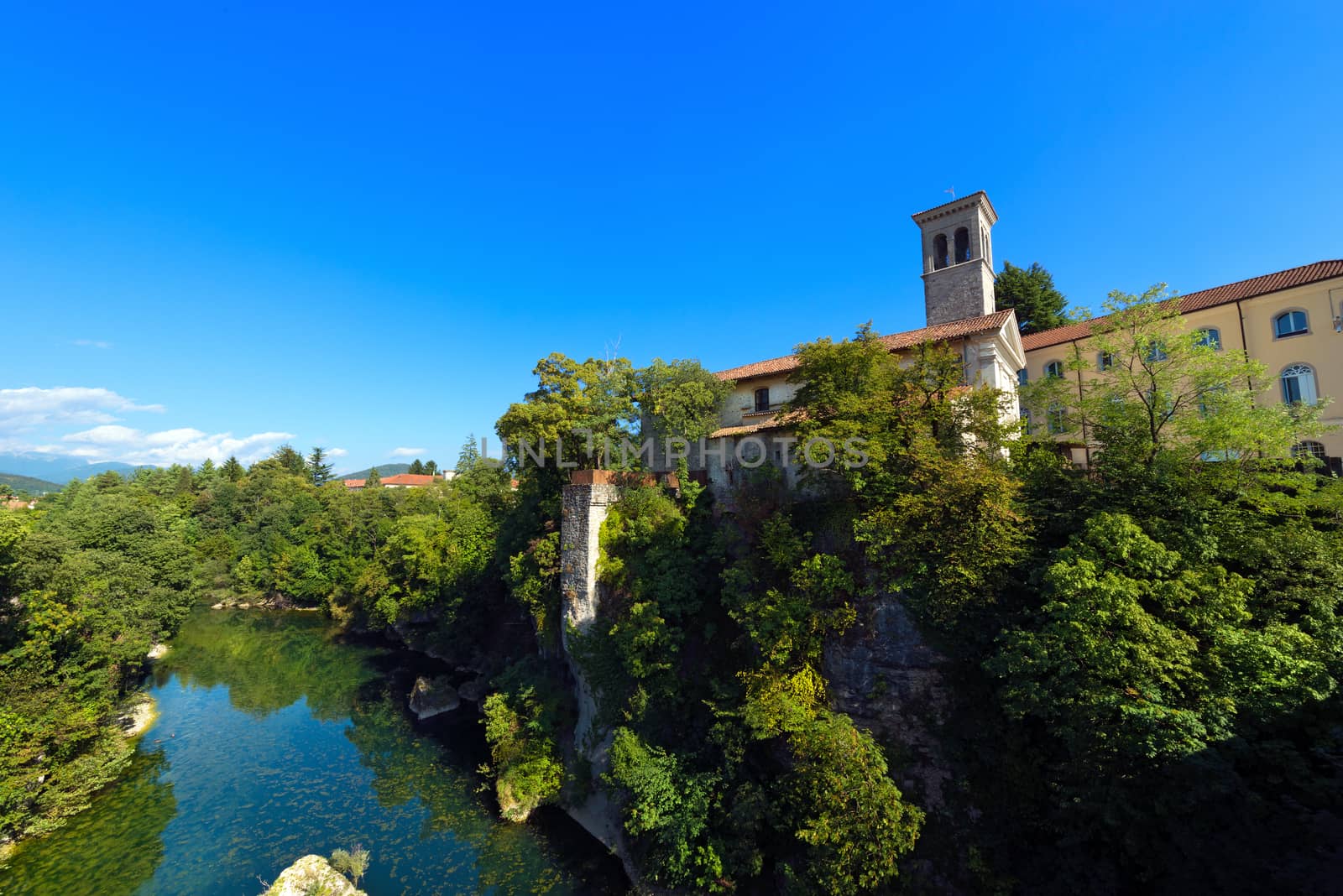 Natisone River, view of Devil's bridge in the medieval town Cividale del Friuli, Udine, Friuli Venezia Giulia, Italy