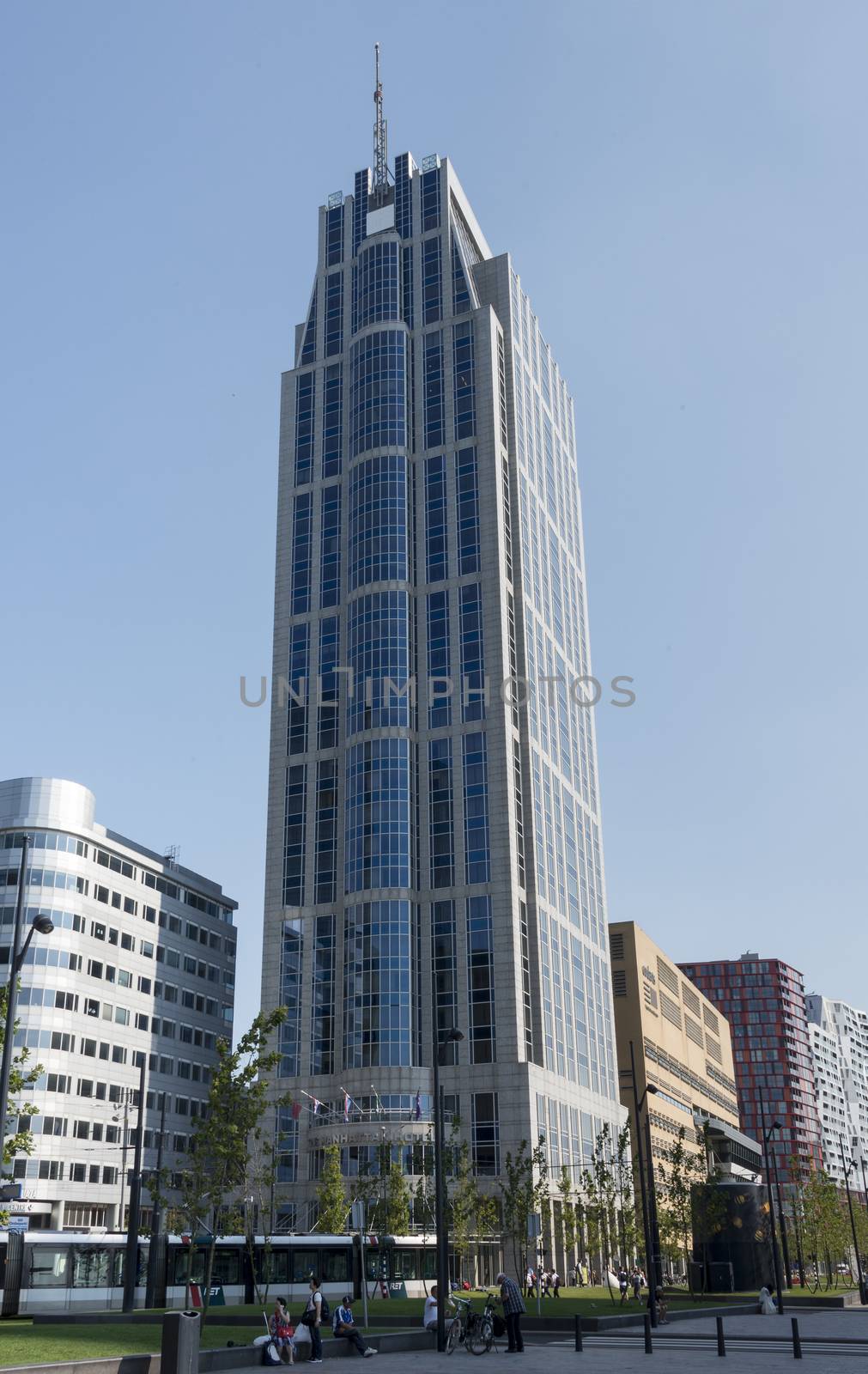 ROTTERDAM, THE NETHERLANDS - AUGUST 22 2015: Hotel Manhattan Rotterdam tower,the hotel is situated direct in the centre