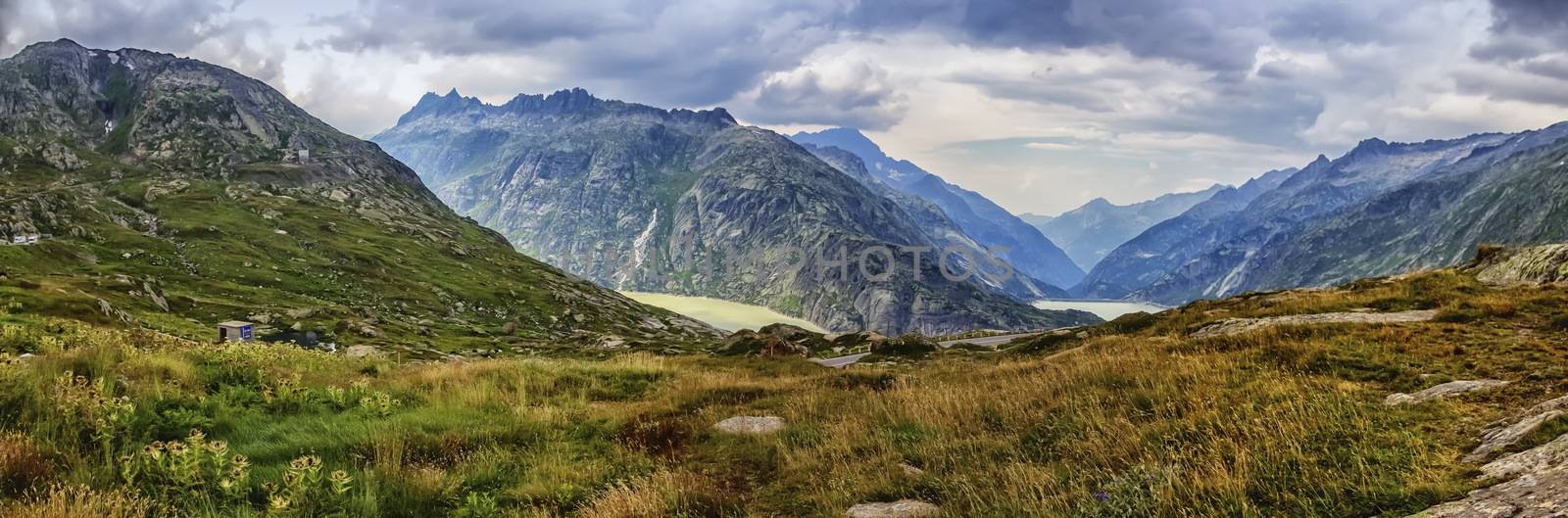 View on Hasli valley from Grimselpass by cloudy day, Bern canton, Switzerland