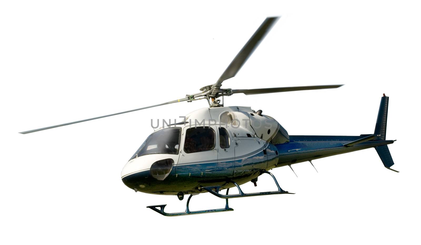 Blue and white helicopter in flight isolated against white background