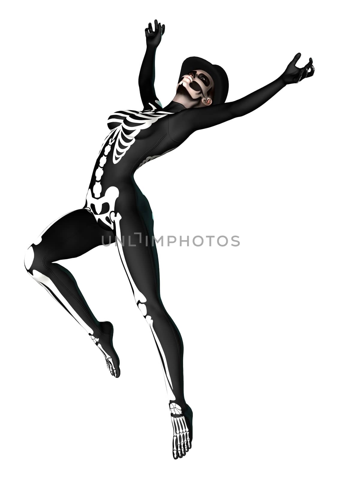 3D digital render of a young woman wearing a skeleton costume for Halloween party isolated on white background