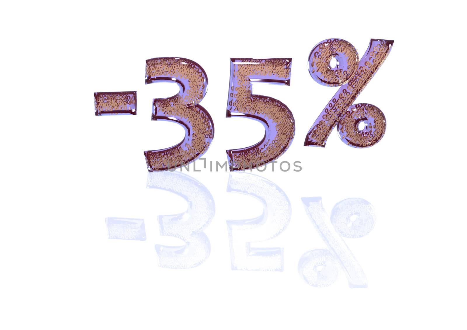 Transparent inscription minus 35 percent with a set of gold signs of percent in it