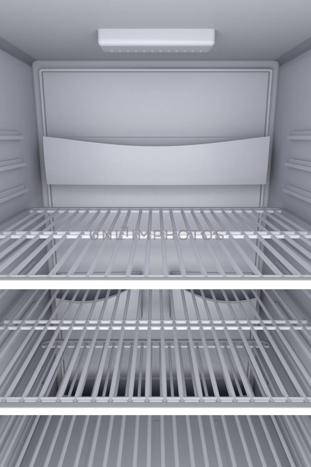 Inside view of an empty white fridge with closed door