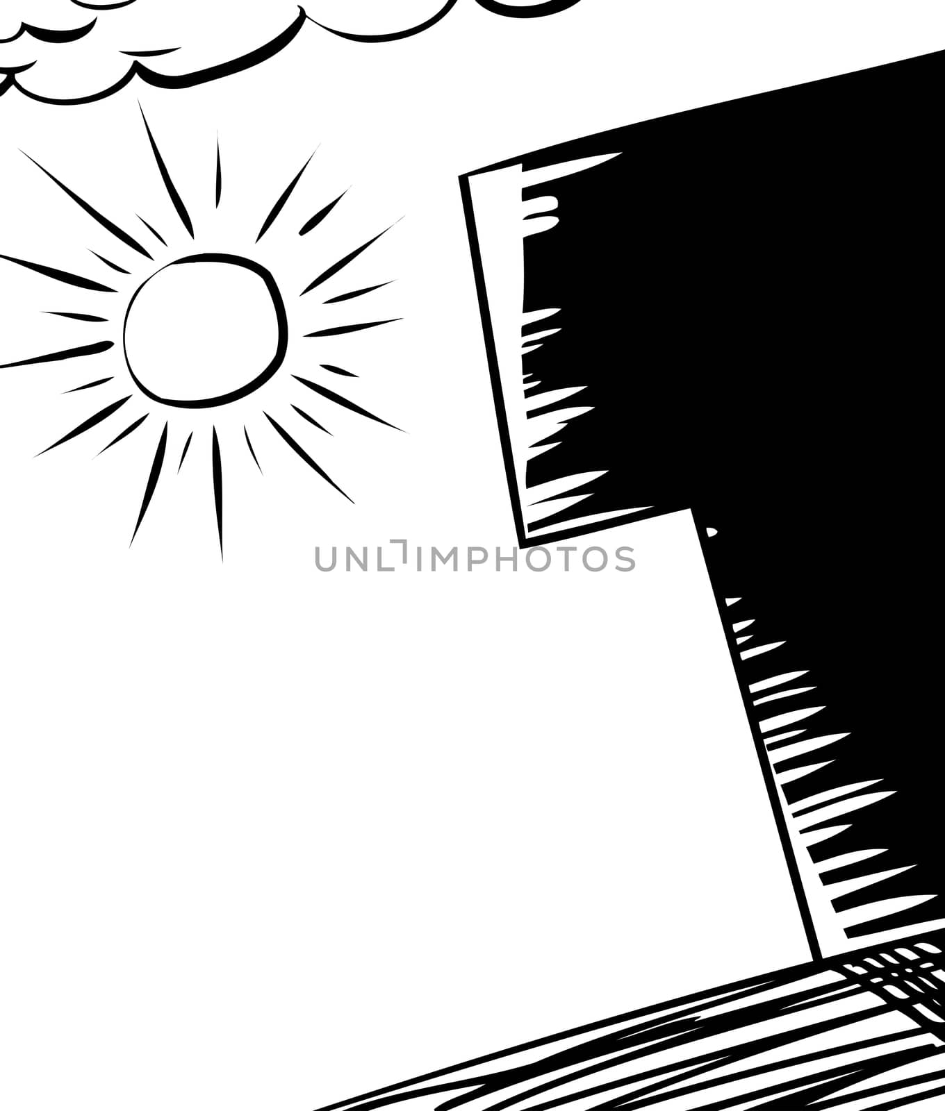 Silhouette outline of house with sun and clouds