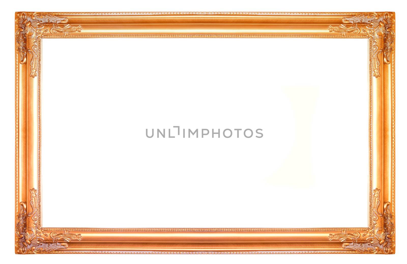 Old vintage gold frame over empty white background with free blank space.