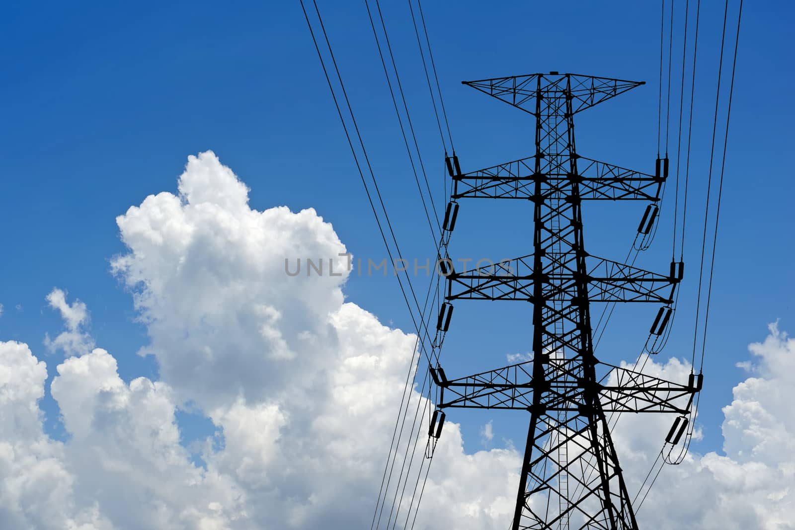 silhouette of high voltage electric tower with beautiful sky background