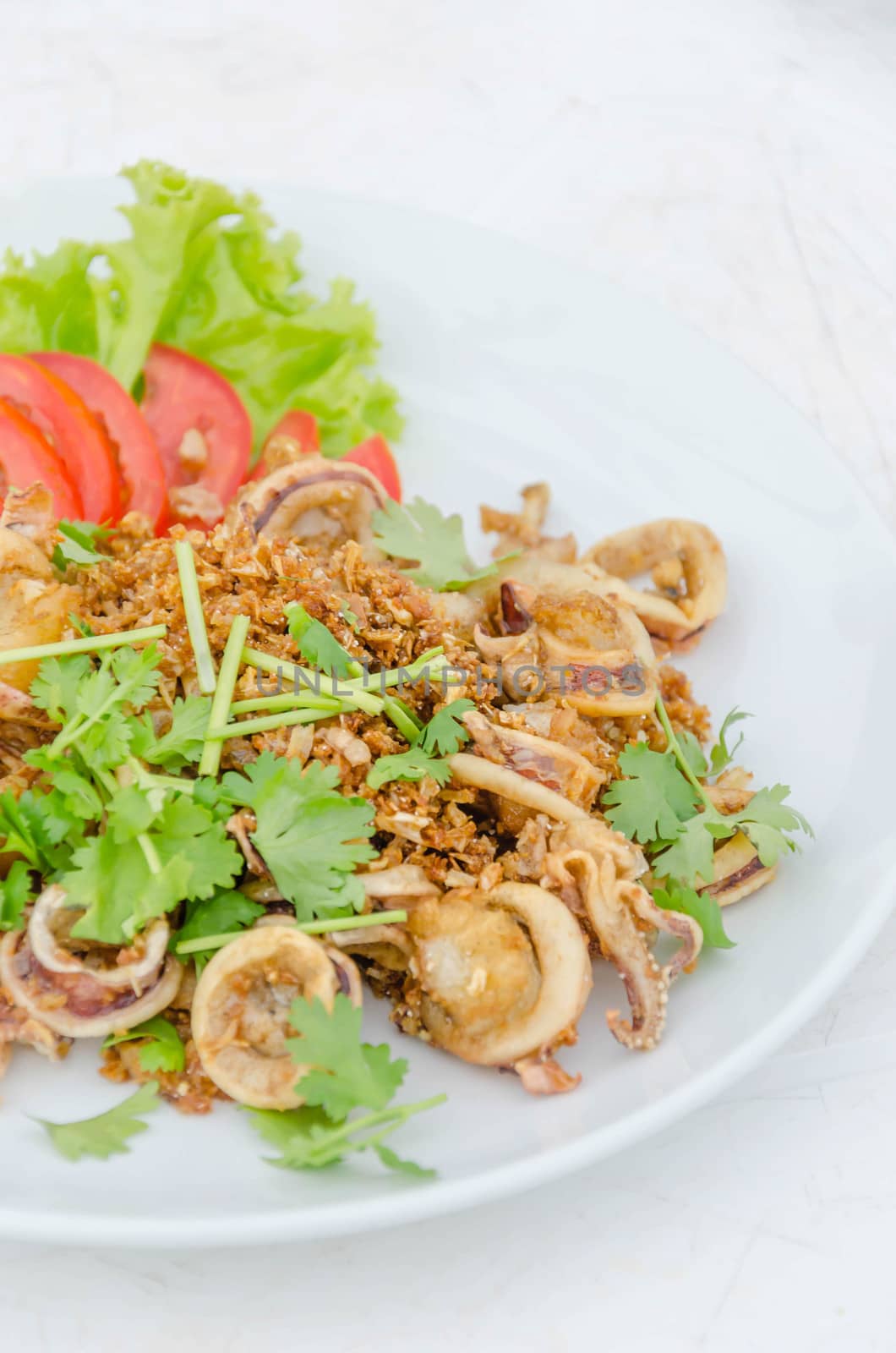 Calamari, deep fried squid with garlic , served with fresh vegetables on dish