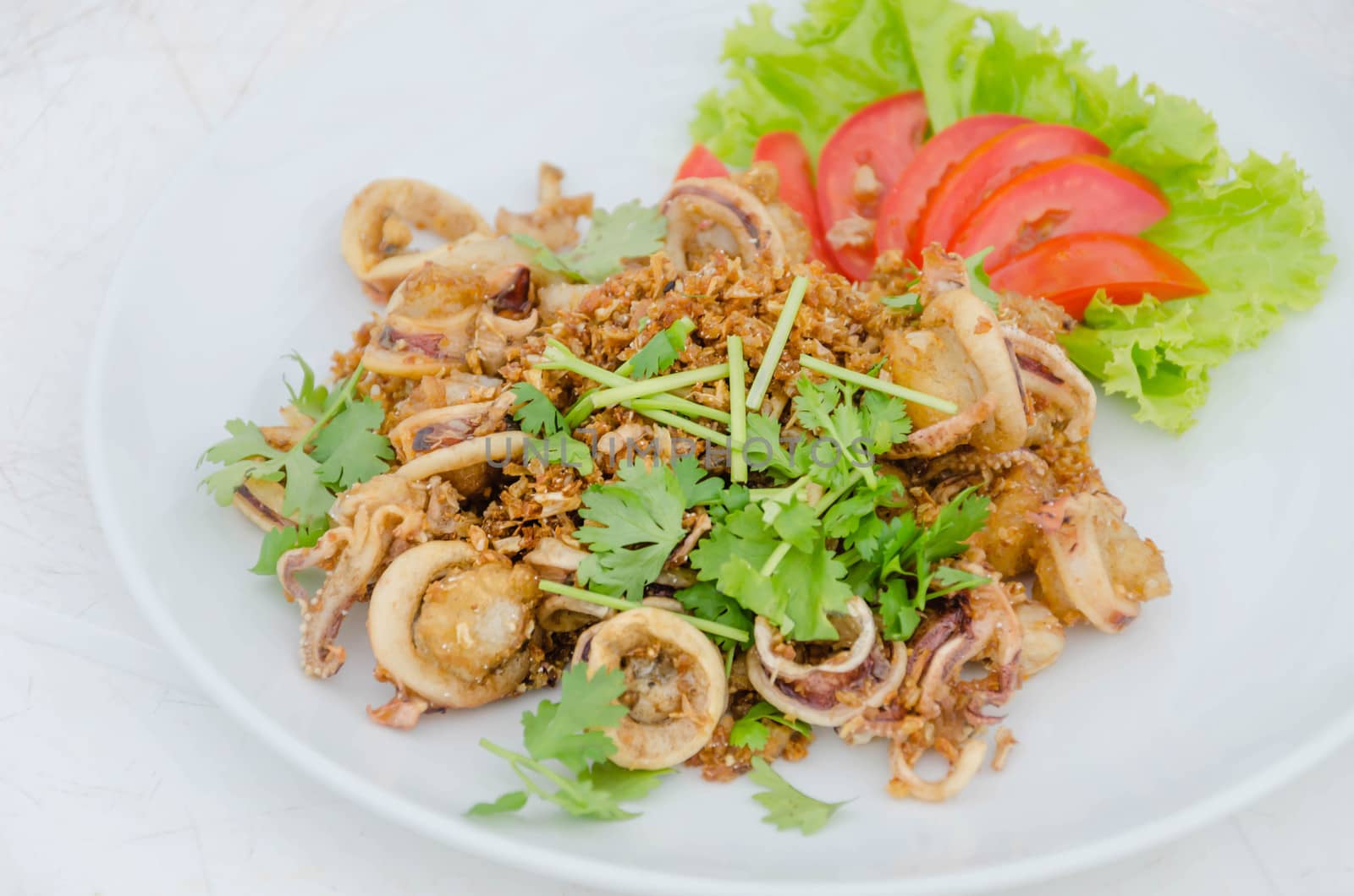 Calamari, deep fried squid with garlic , served with fresh vegetables on dish