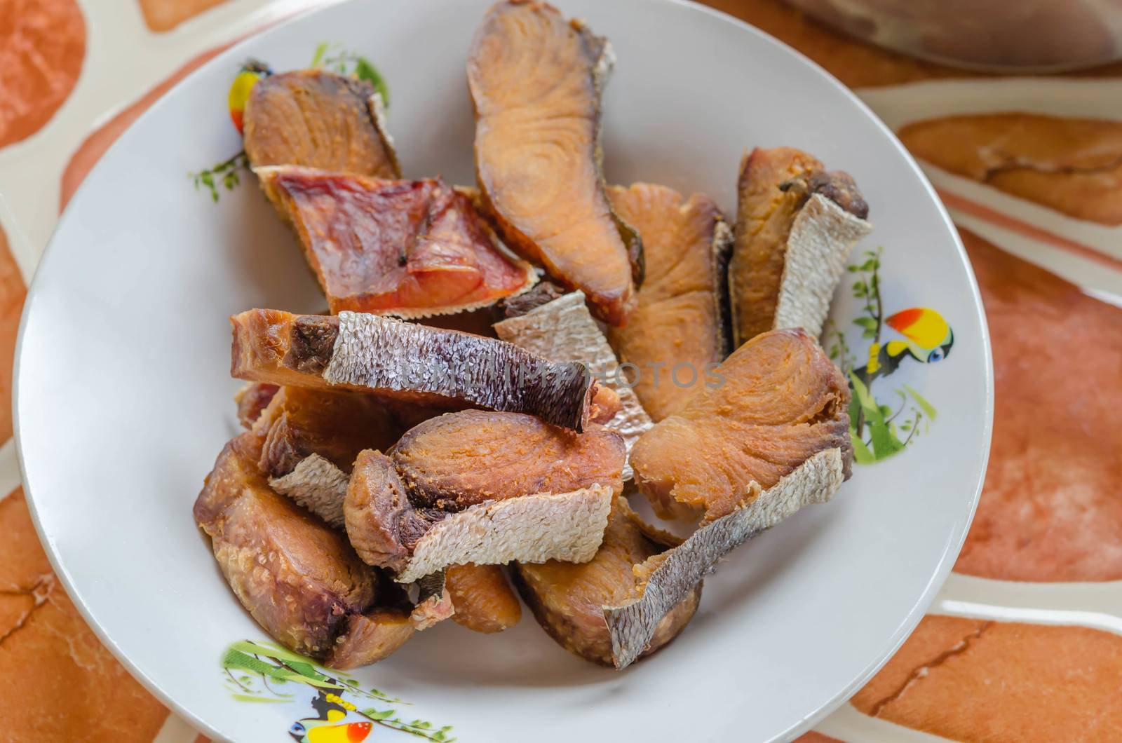 Crispy fish  pieces, close up seafood dish