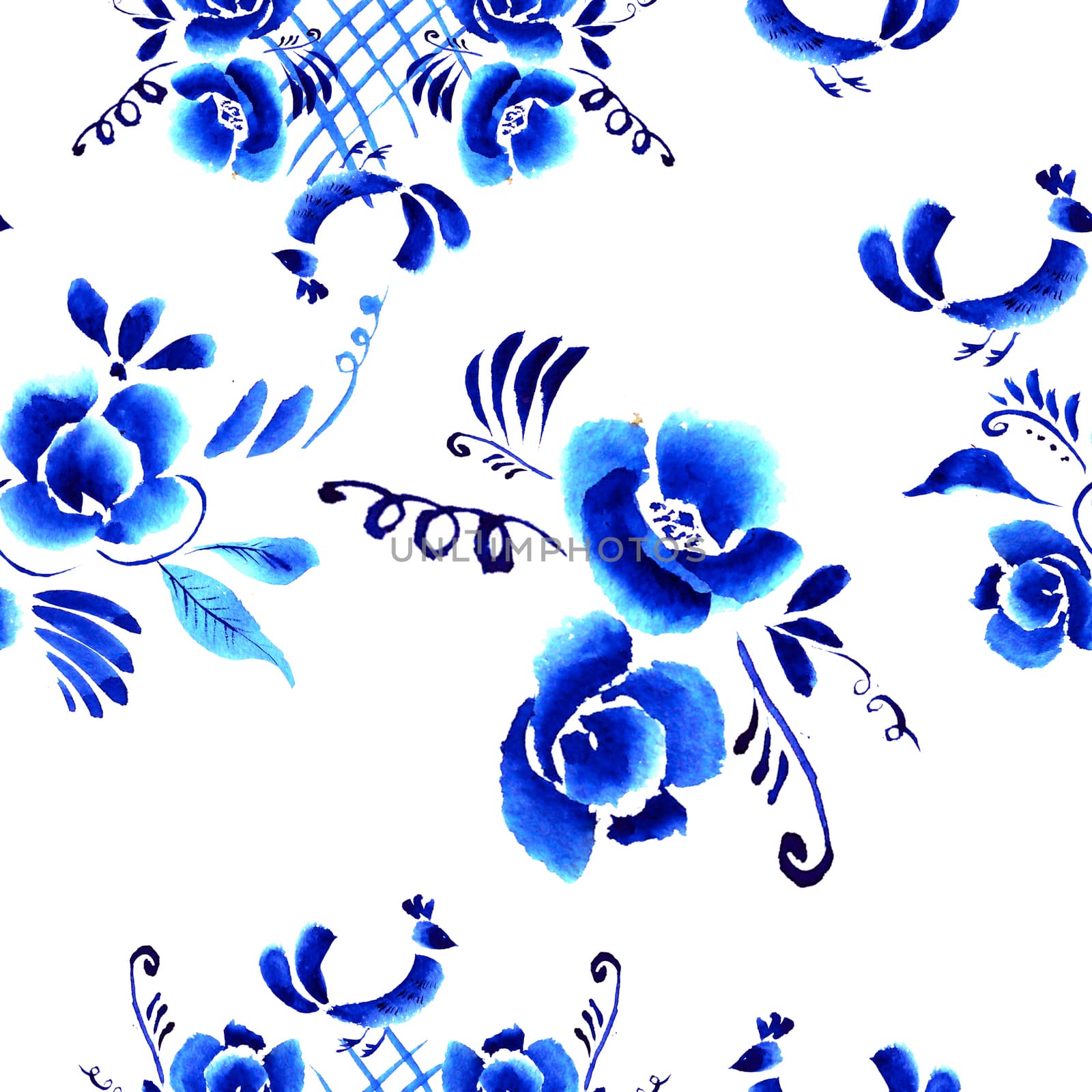 Abstract  floral background, pattern with folk art flowers, blue white gzhel ornament. Can be used for banner, card, poster, invitation, label, menu, page decoration or web design