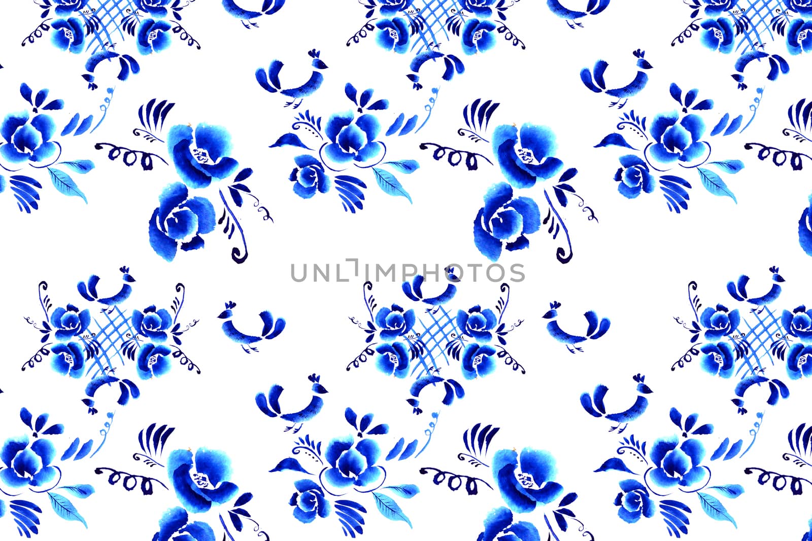 Abstract  floral background, pattern with folk art flowers, blue white gzhel ornament. Can be used for banner, card, poster, invitation, label, menu, page decoration or web design