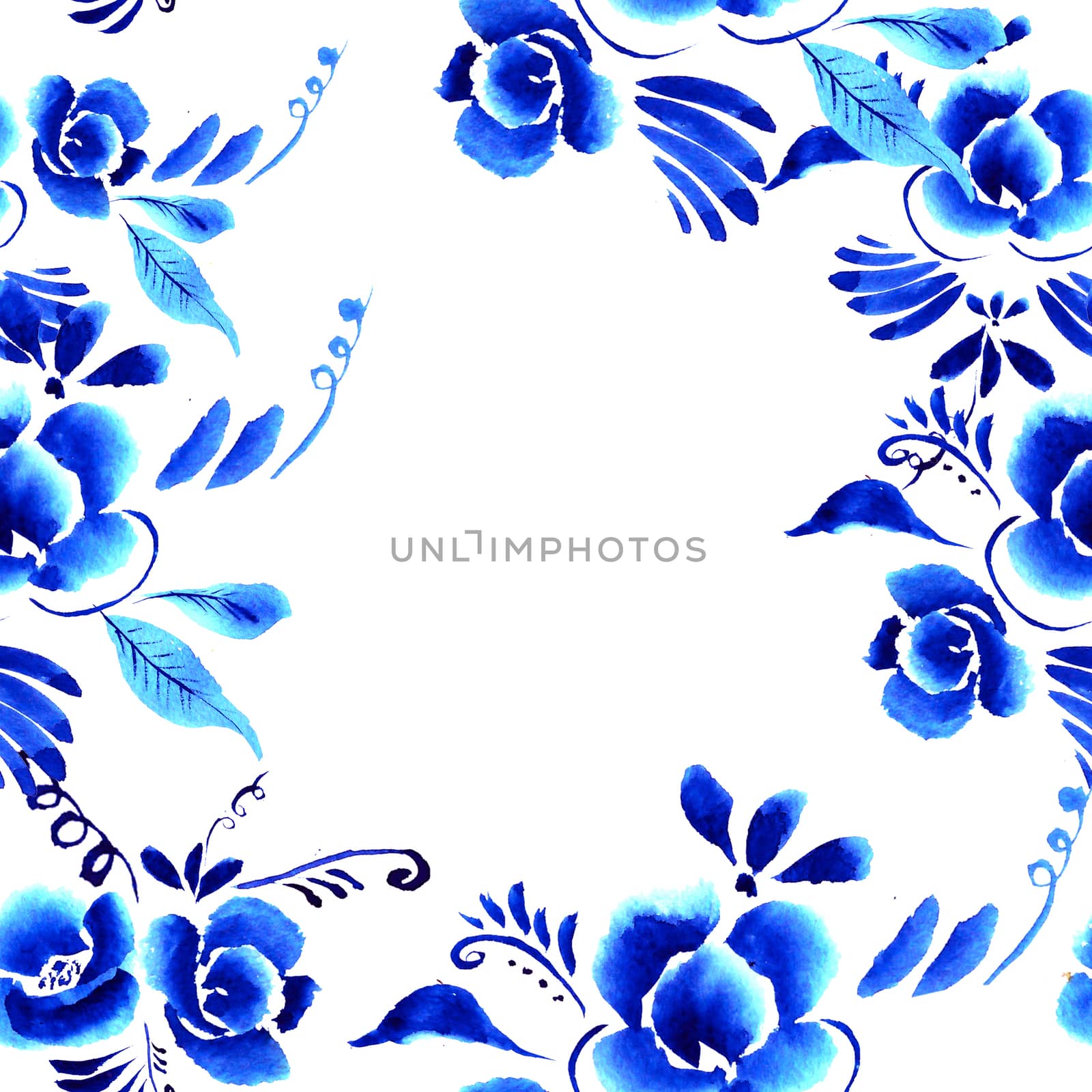 Abstract  floral background, pattern with folk art flowers, blue white gzhel ornament. Can be used for banner, card, poster, invitation, label, menu, page decoration or web design