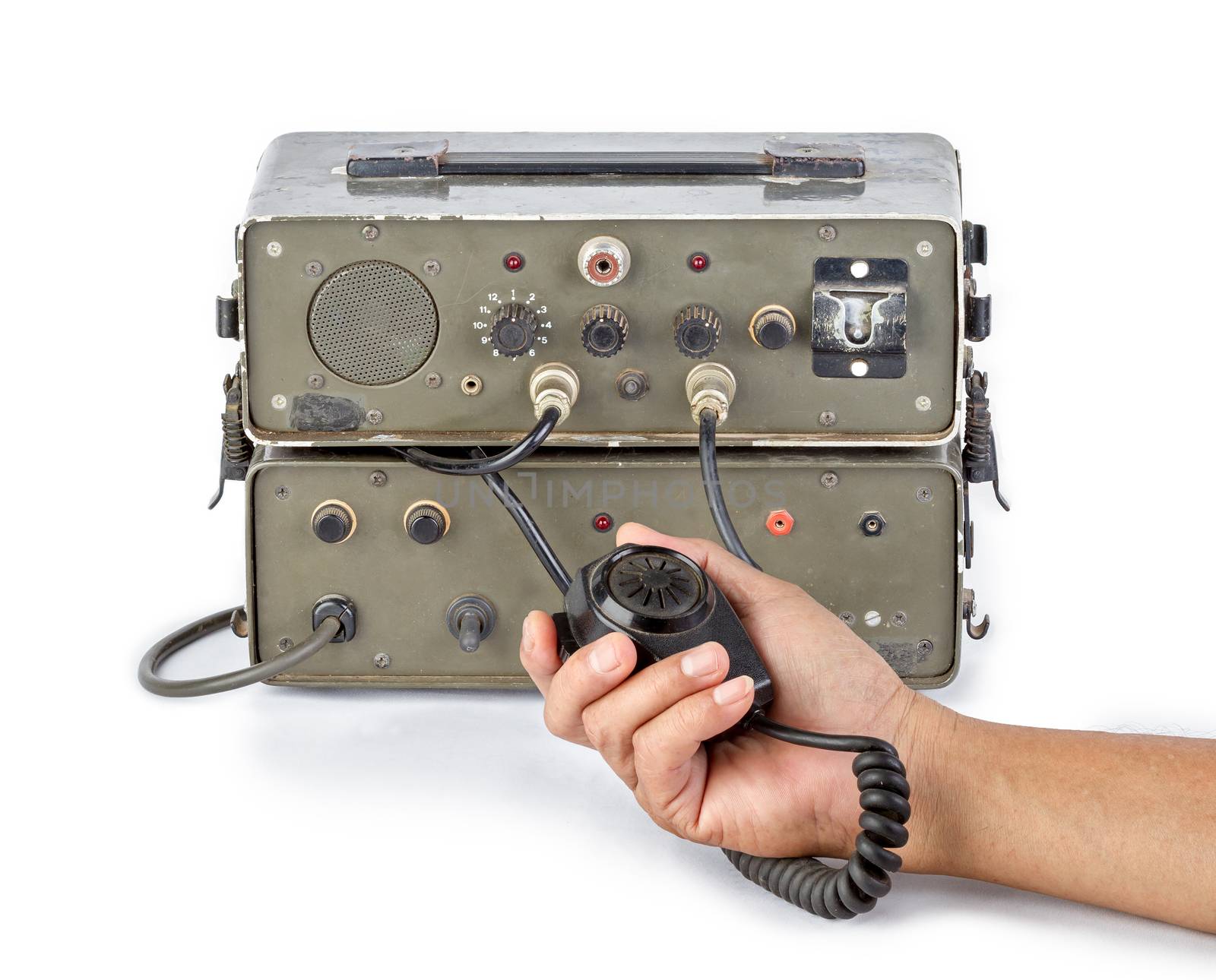 old dark green amateur ham radio holding in hand on white background