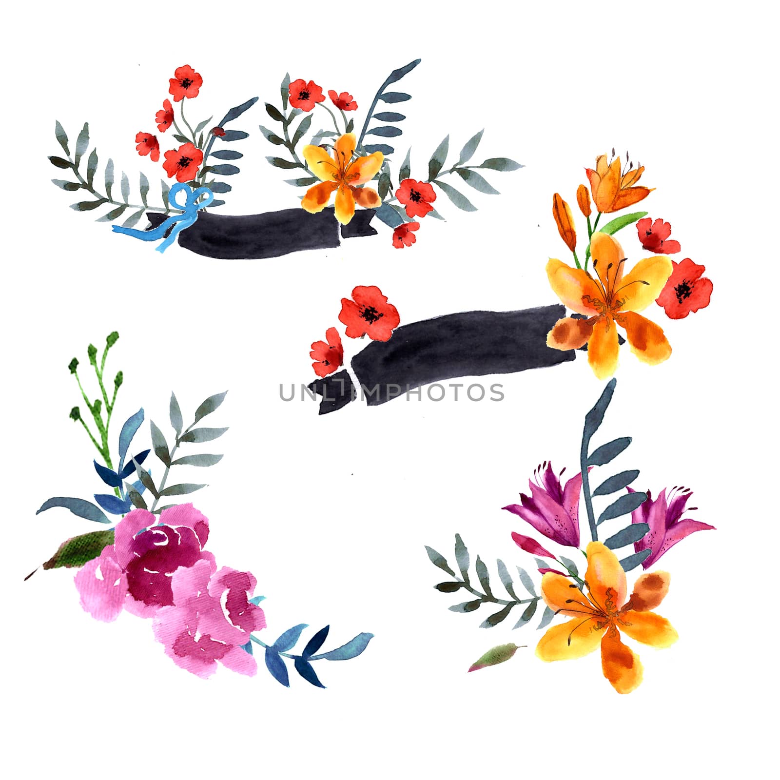 Wildflowers blooming delicate flowers background painted  watercolors. Raster illustration