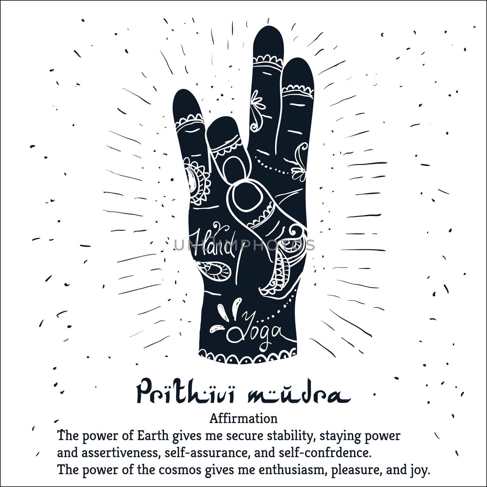 Element yoga Prithivi mudra hands with mehendi patterns. Vector illustration for a yoga studio, tattoo, spa, postcards, souvenirs.