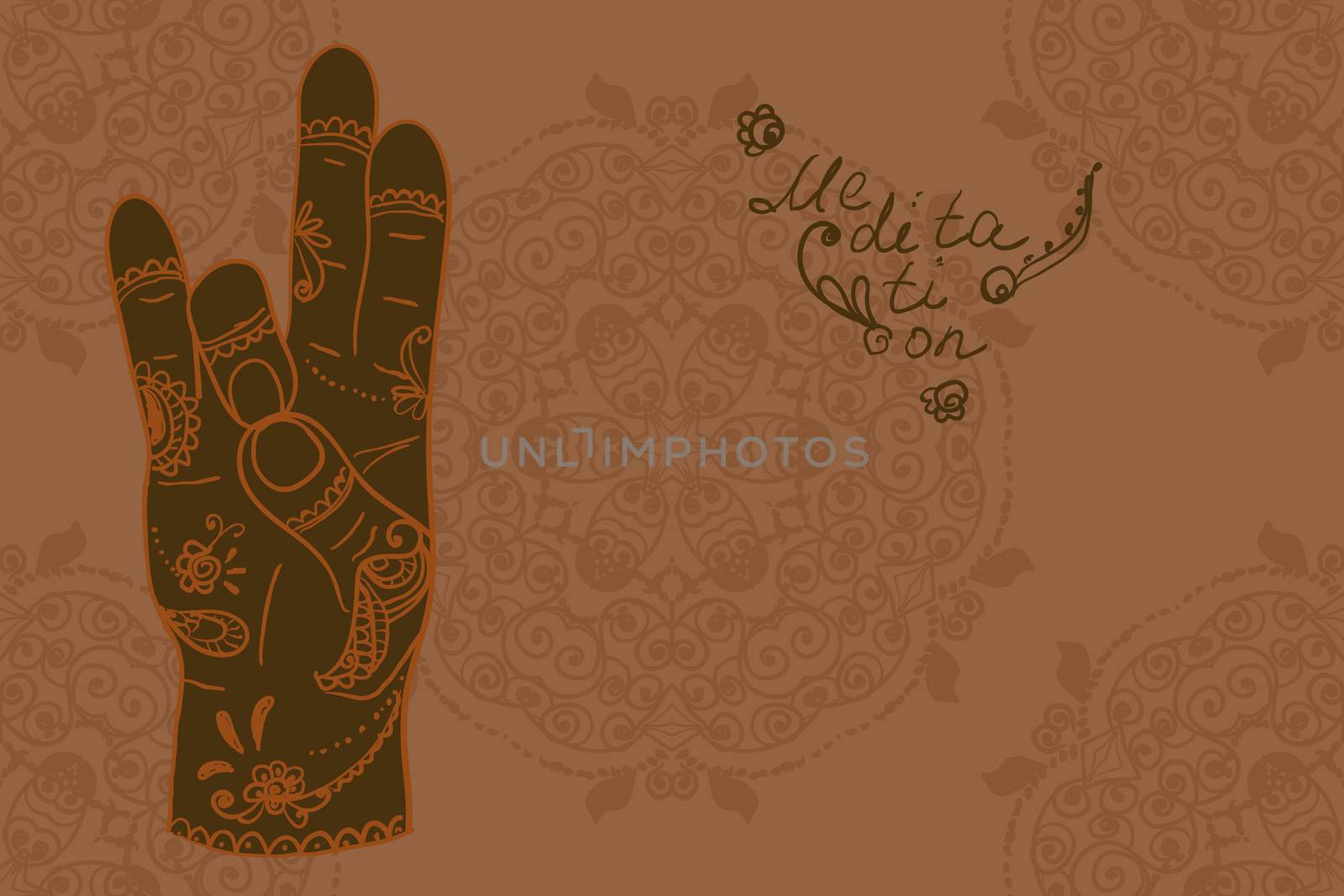 Element yoga Prithivi mudra hands with mehendi patterns. Vector illustration for a yoga studio, tattoo, spa, postcards, souvenirs. 