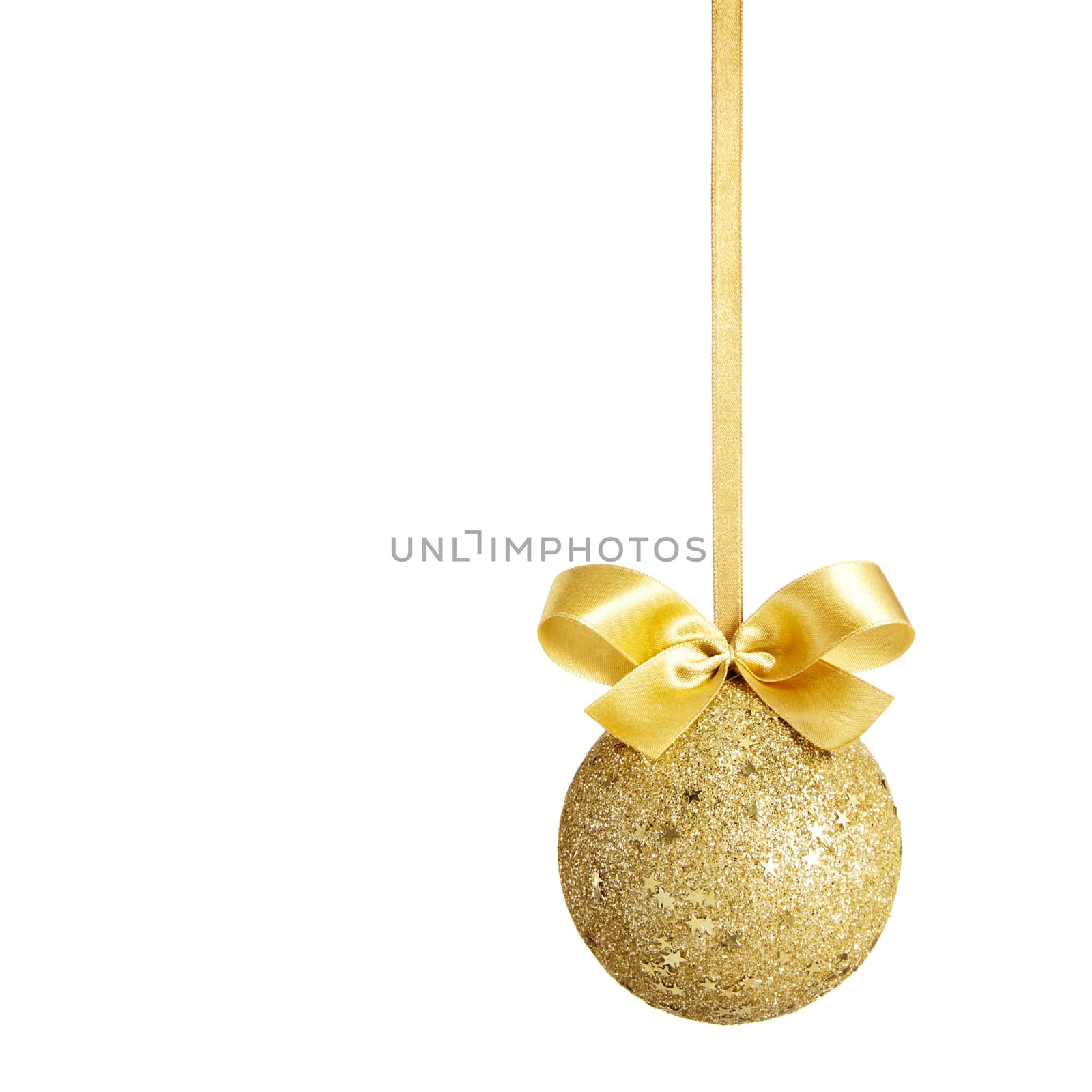 Gold Christmas ball with bow isolated on white background. White copy space for your text and logo.