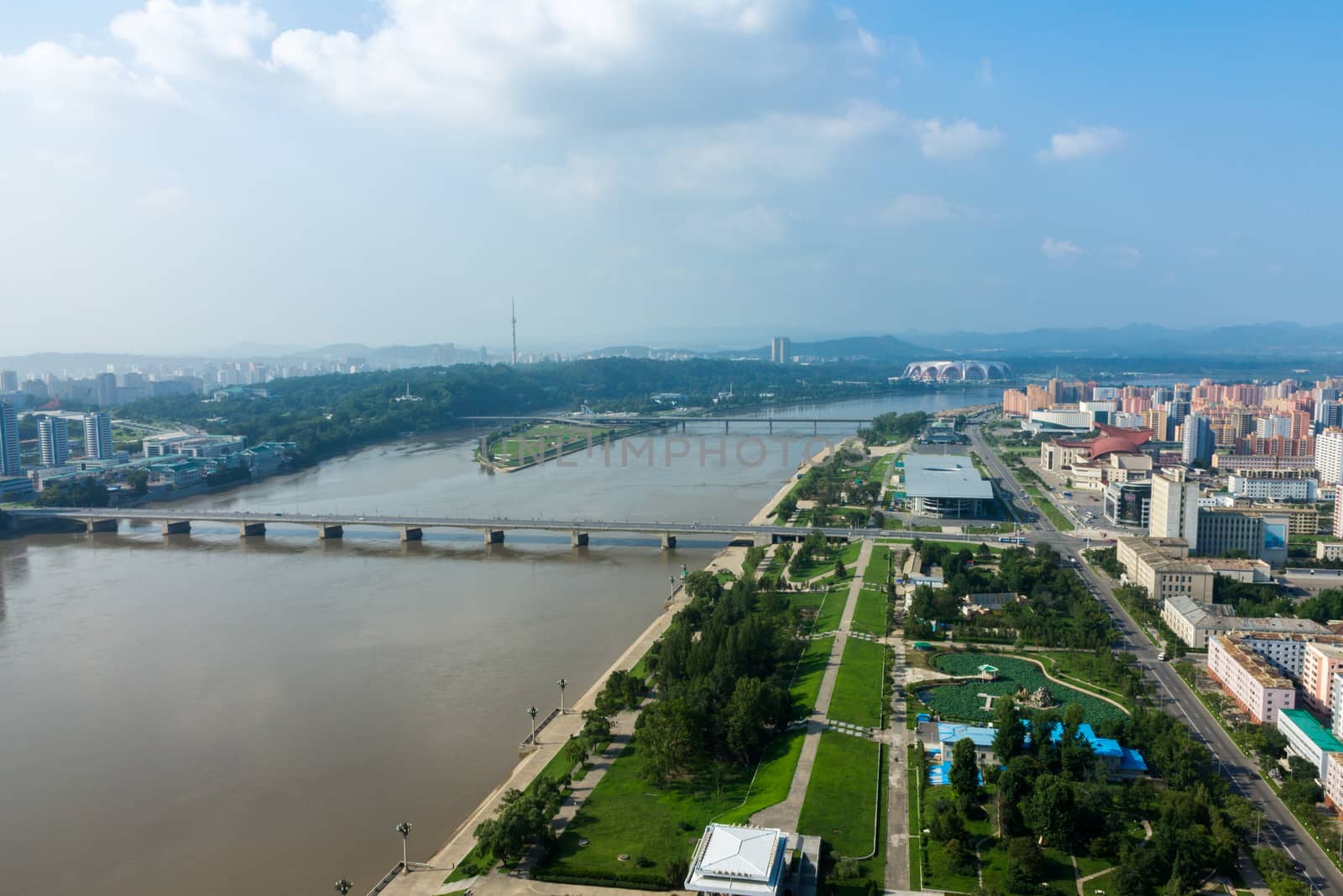  Aerial view of the city in Pyongyang, North Korea. Pyongyang is the capital city of the DPRK.