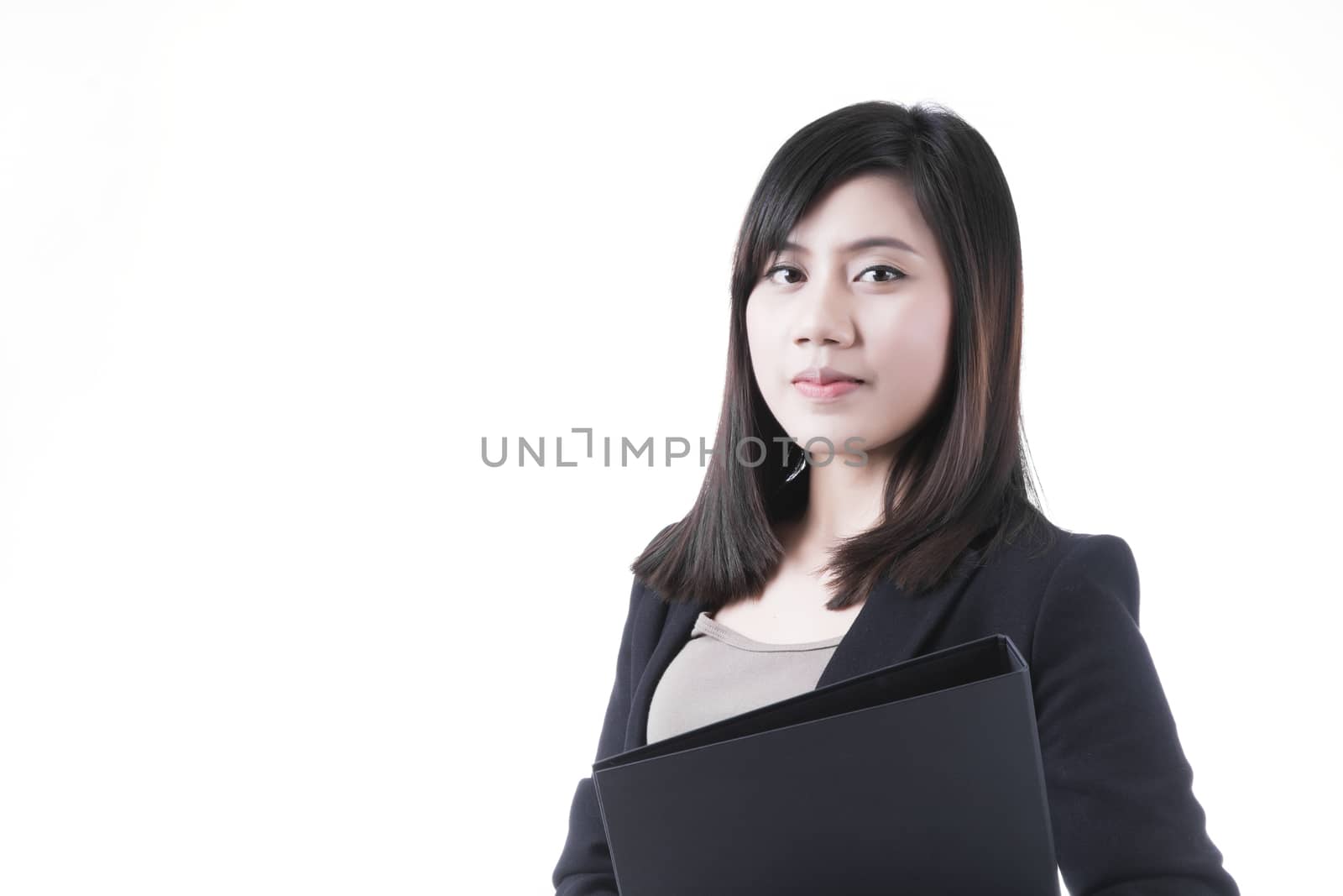 Asian woman in business office concept with document file on white background
