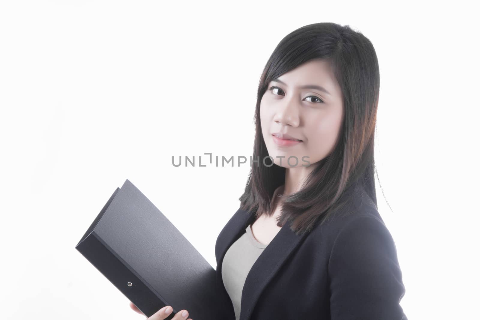 Asian woman in business office concept with document file on white background