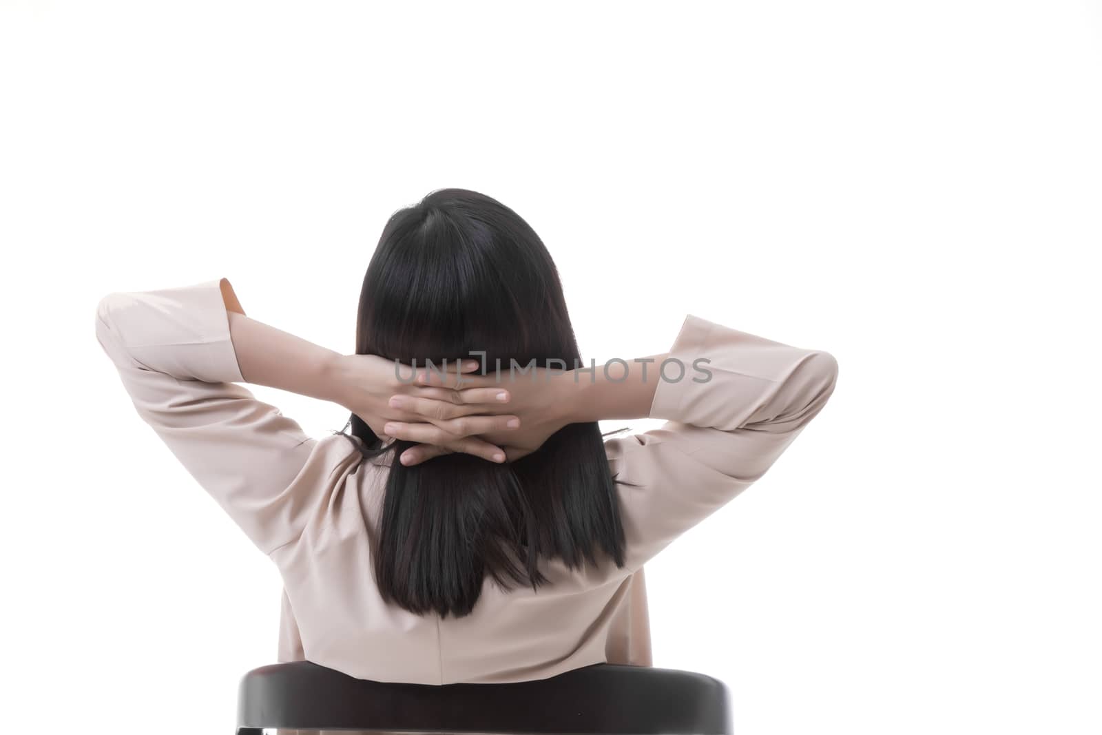 Asian woman in business office concept in relaxation time on white background