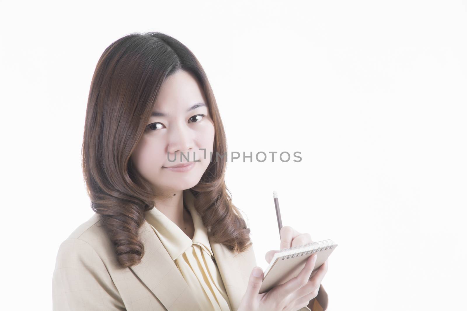 Asian woman in business office concept with note paper on white background