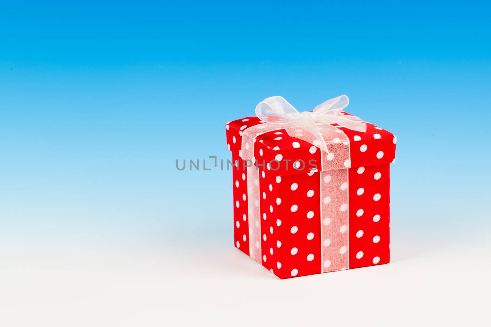 red gift box, polka dots with bow on blue background by motorolka