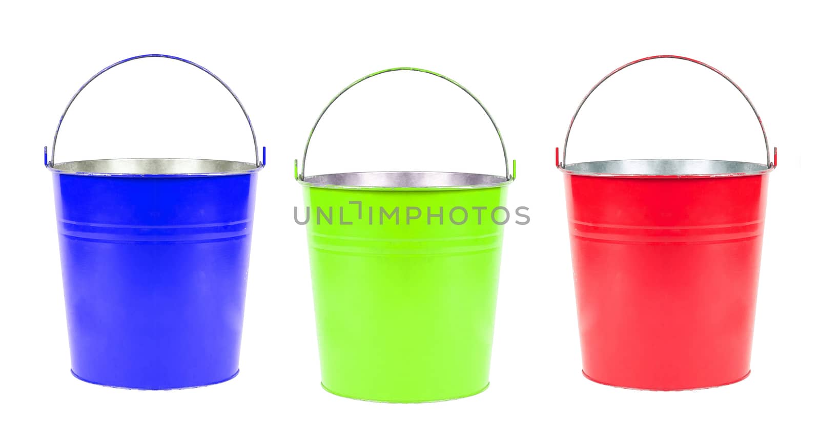 blue, green, red buckets isolated