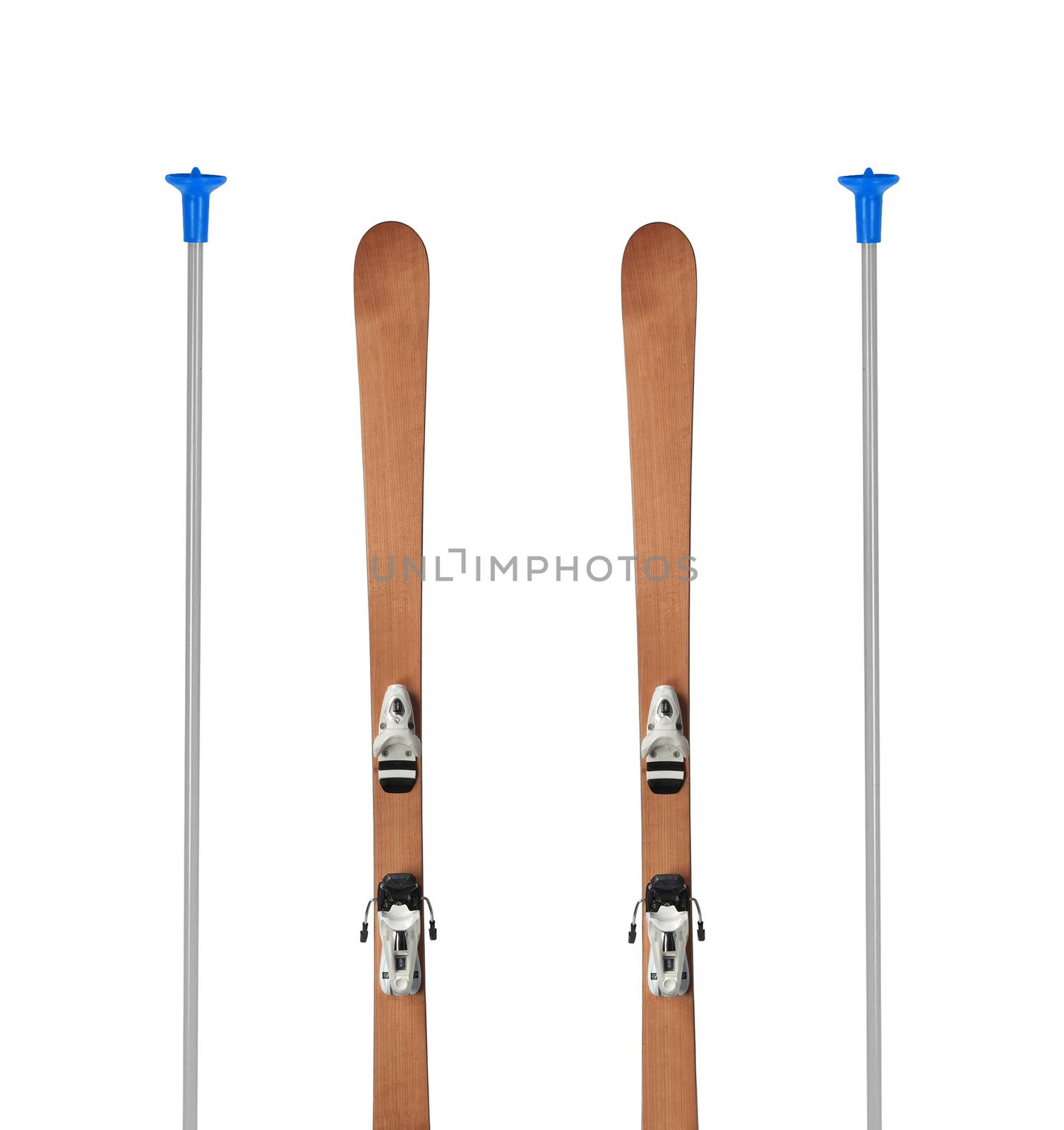 Pair of old wooden alpine skis isolated