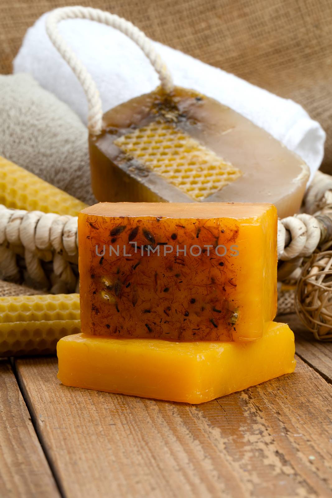 honey soap bars, on wooden background