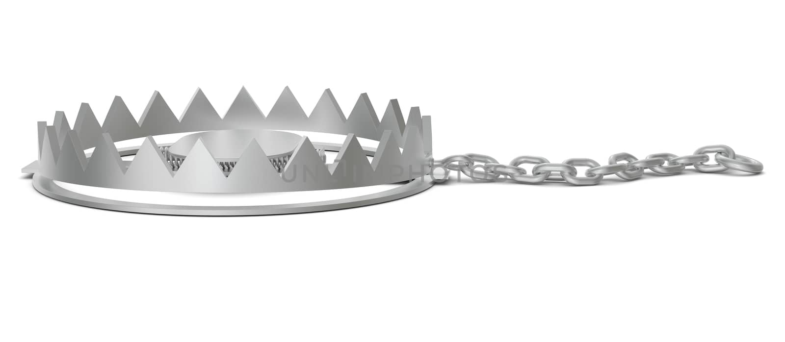 Bear trap with chain on isolated white background, side view