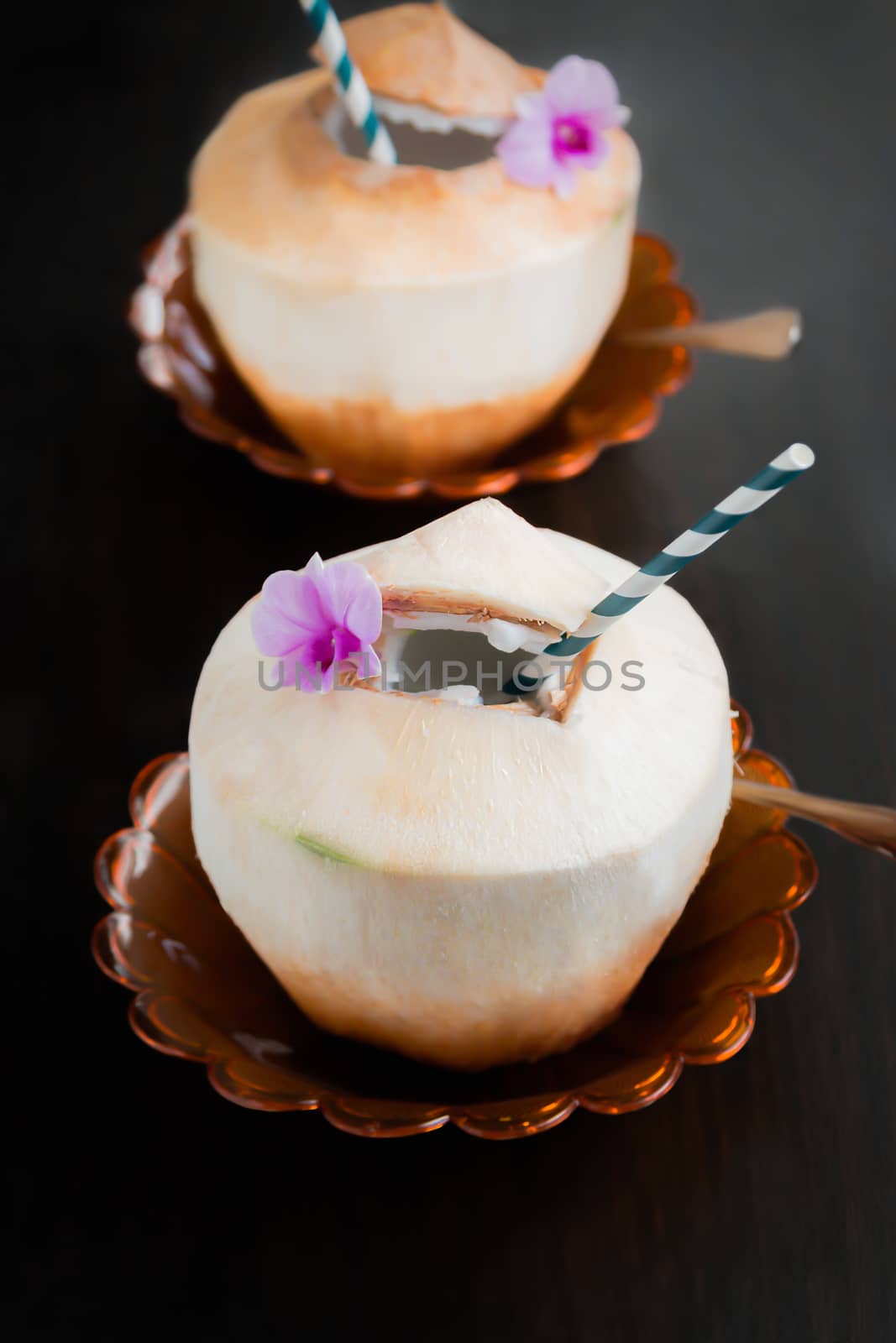 Fresh Coconut juice on blackwood background