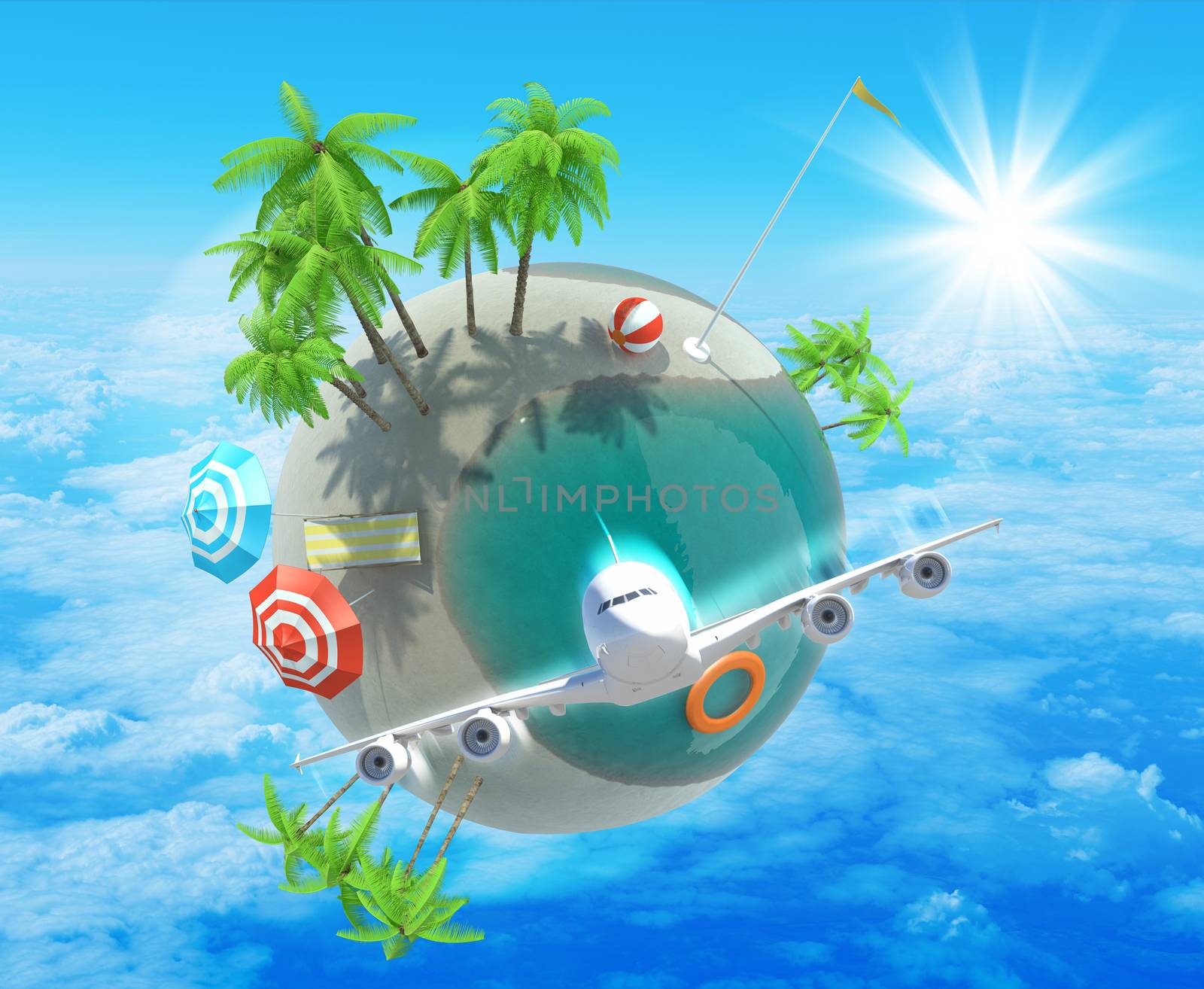 Earth with beach and jet in sky