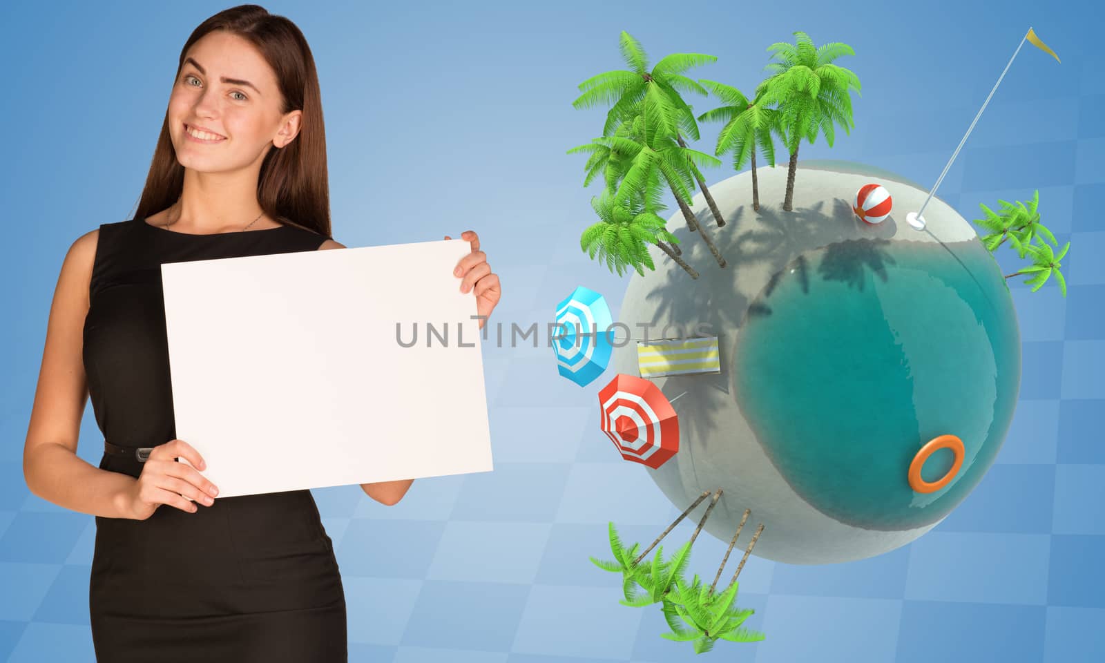 Businesswoman holding blank paper near Earth by cherezoff