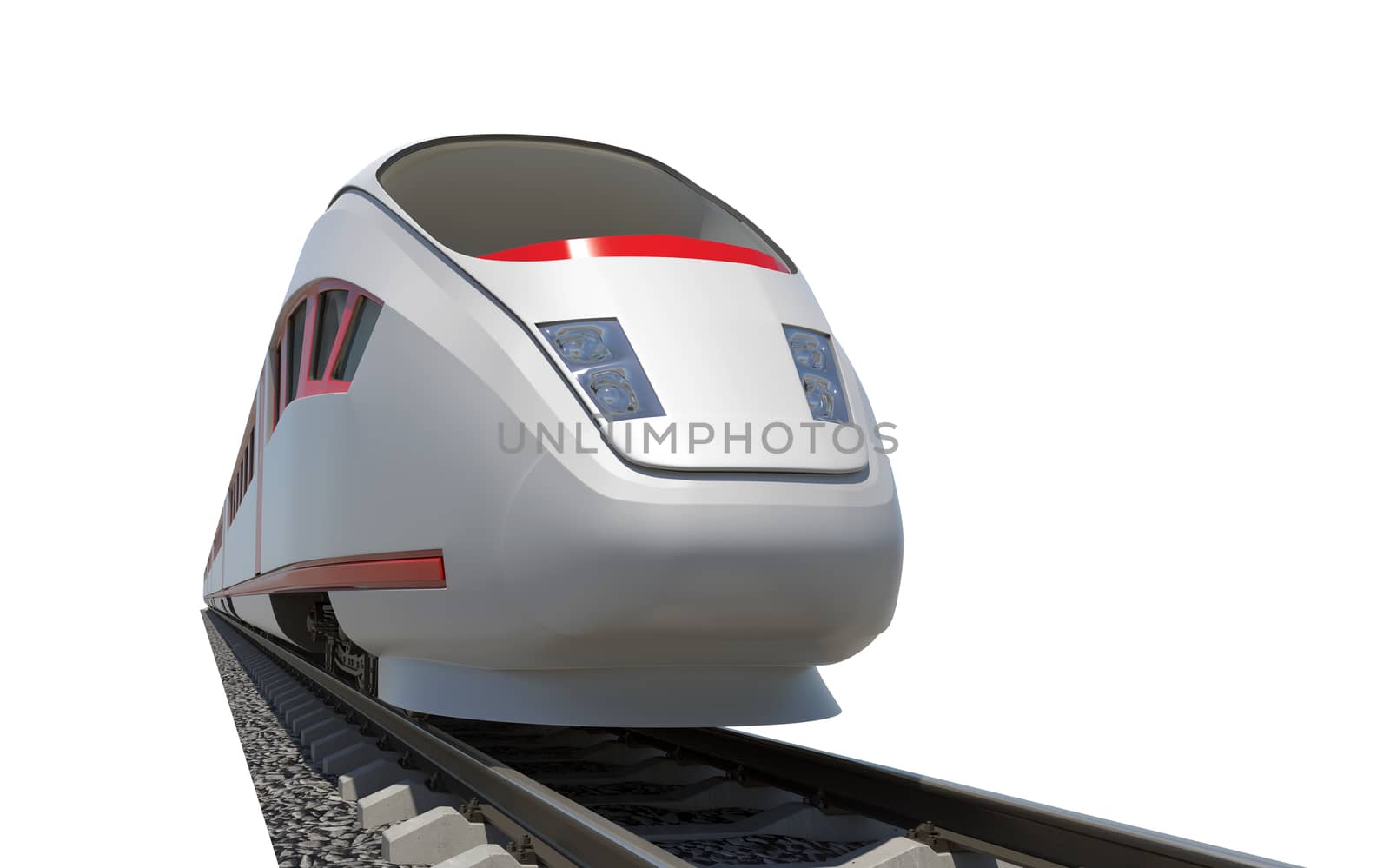Long train with stripes on rails on isolated white background