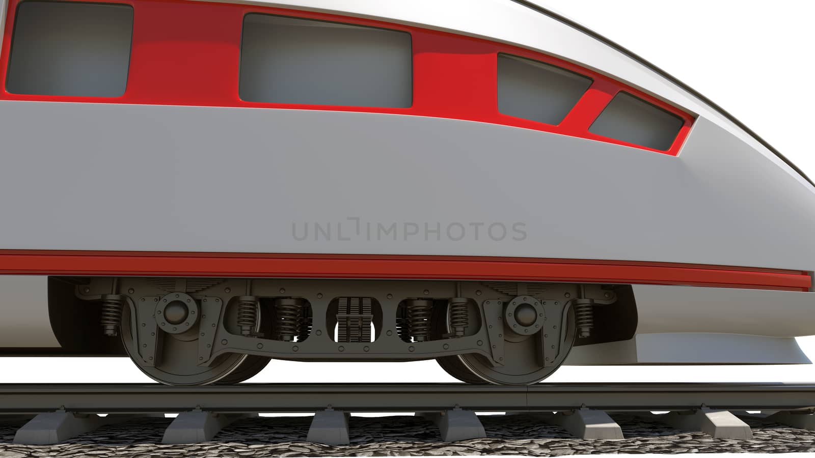 Long train with stripes on isolated white background, close-up view