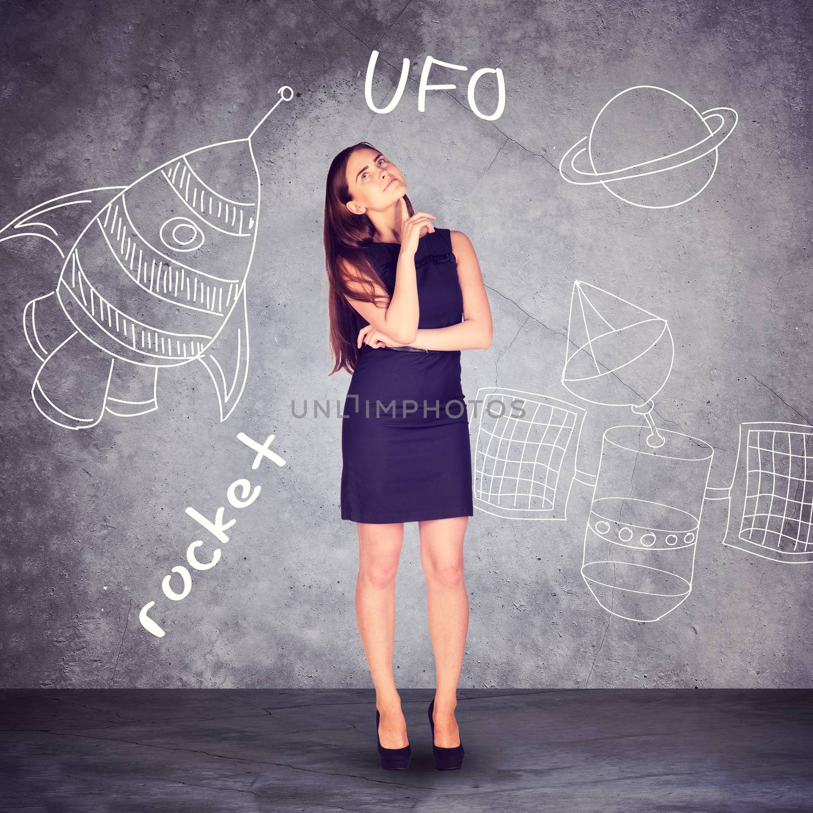 Thinking businesswoman looking up on abstract background with drawn pictures