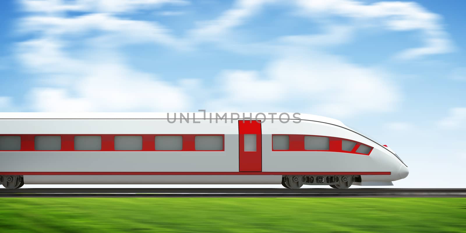 Train moving forward on rail-tracks on nature background, side view