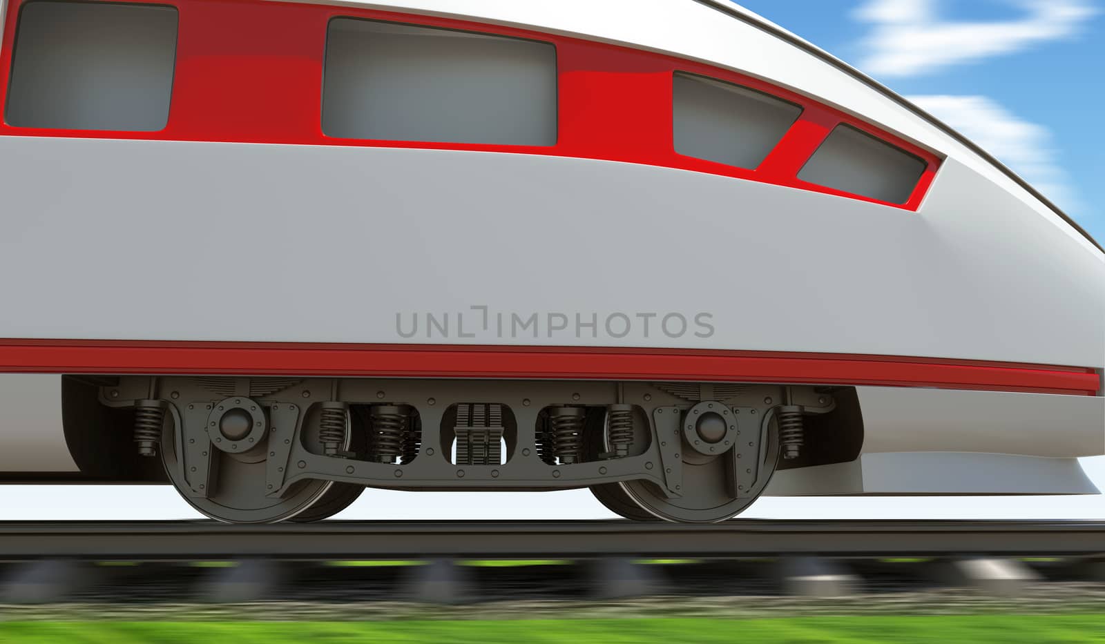 Modern train moving on rail-tracks on nature background, close-up view