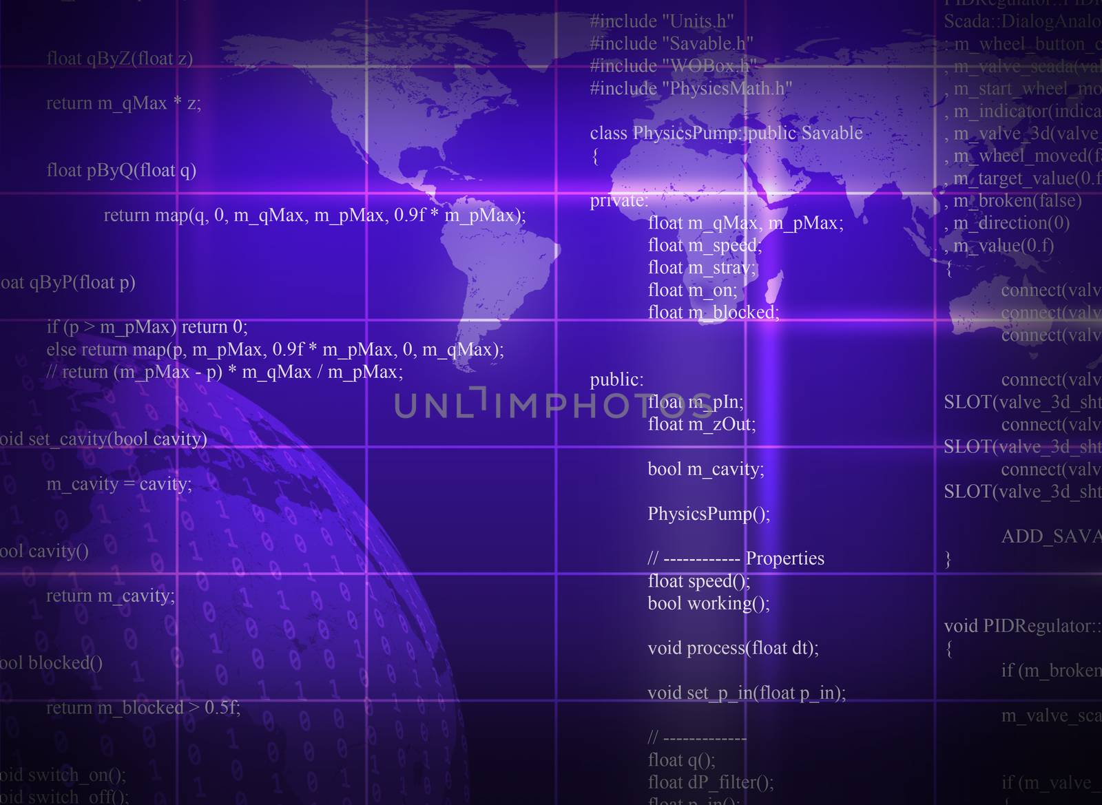 Purple abstract background with world map and matrix. Elements of this image furnished by NASA