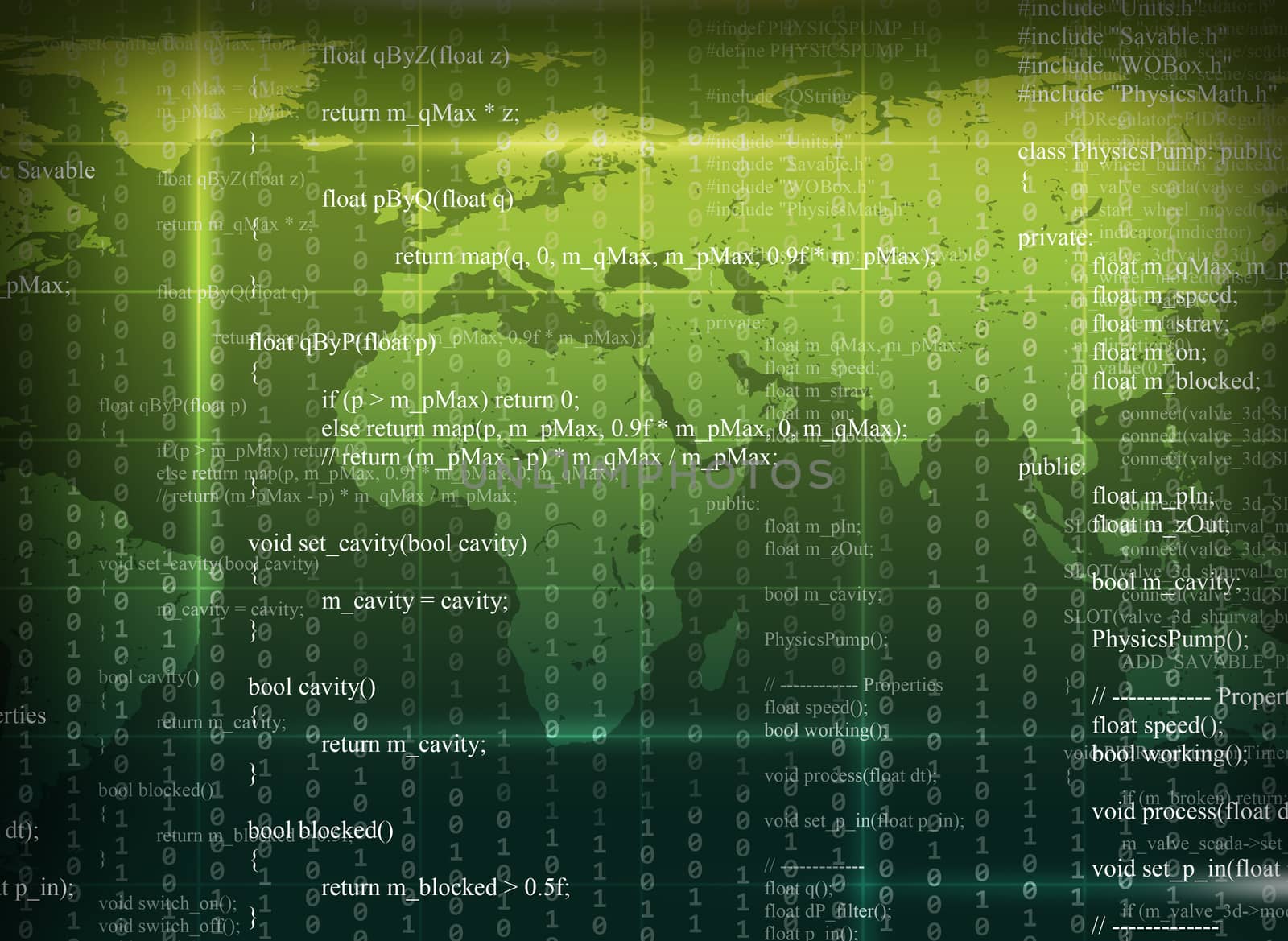 Green abstract background with world map, numbers and matrix