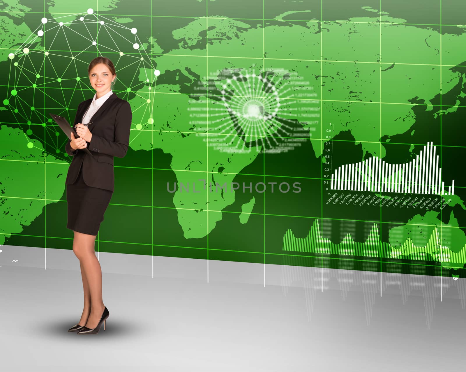 Businesswoman with folder and pen looking at camera on abstract background with world map