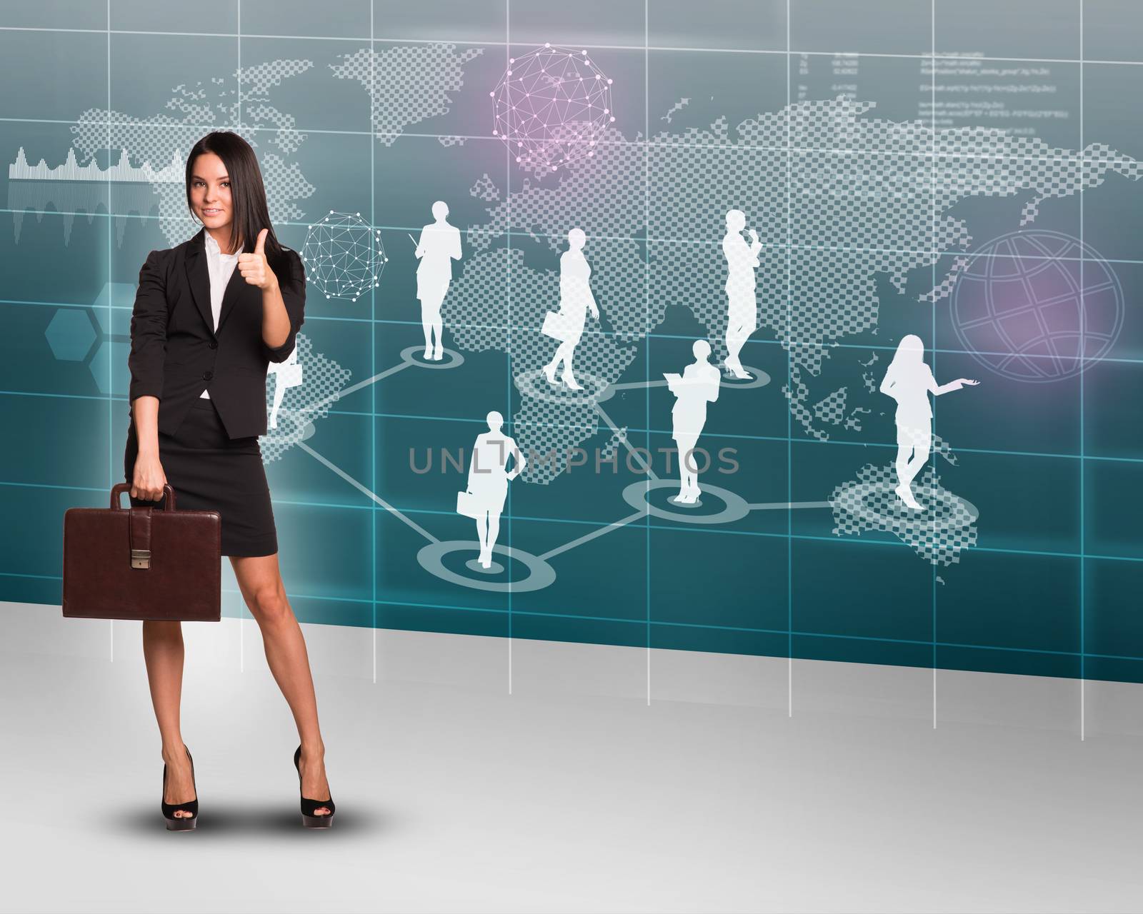 Businesswoman with suitcase showing ok on abstract background with world map