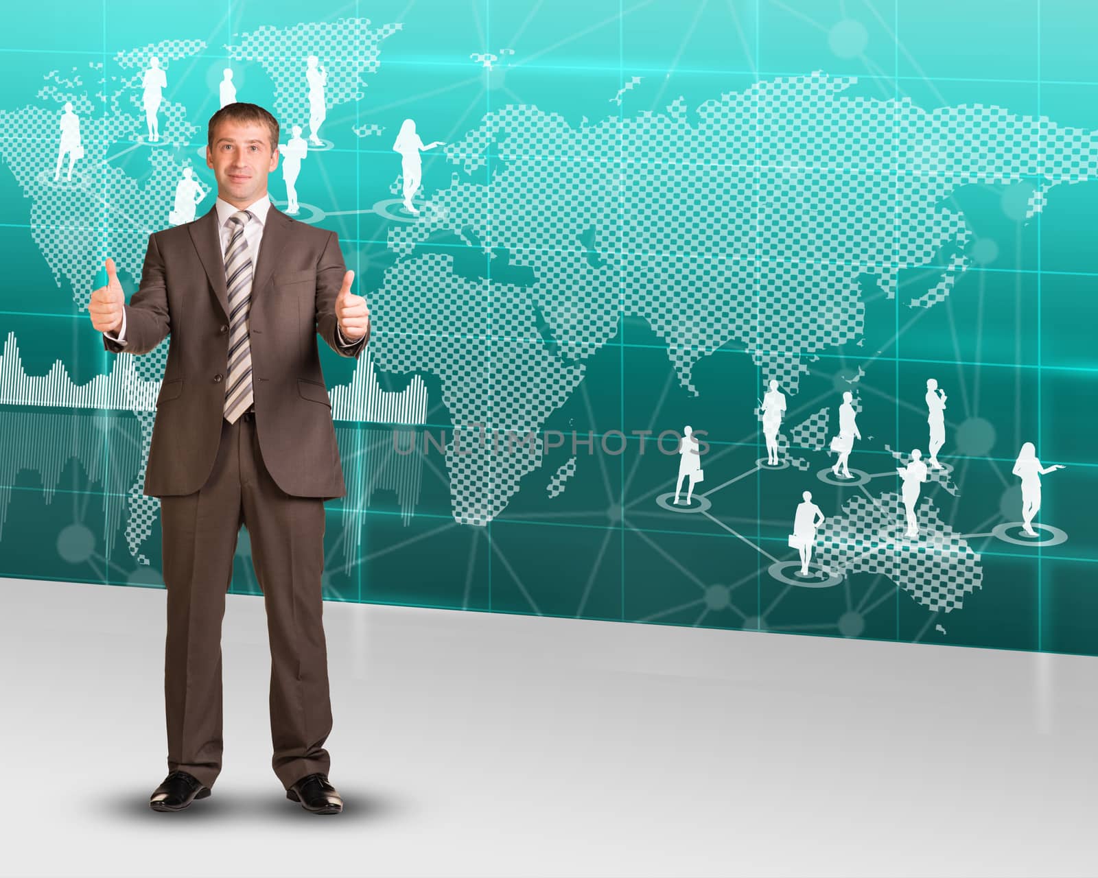 Businessman showing ok on abstract background with world map