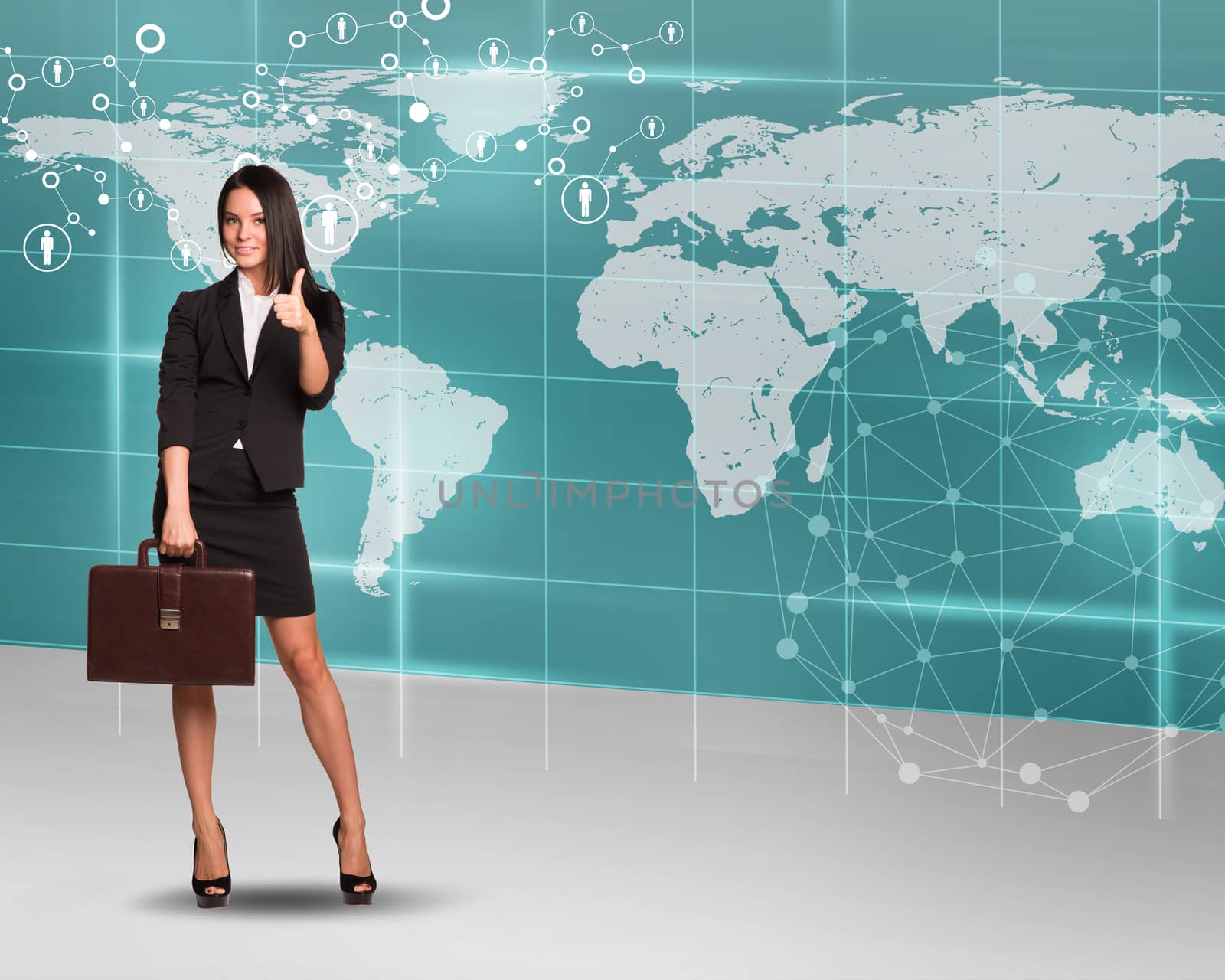 Businesswoman with suitcase showing ok on abstract background with world map