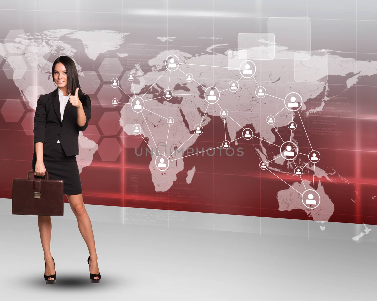 Businesswoman with suitcase on red map background by cherezoff