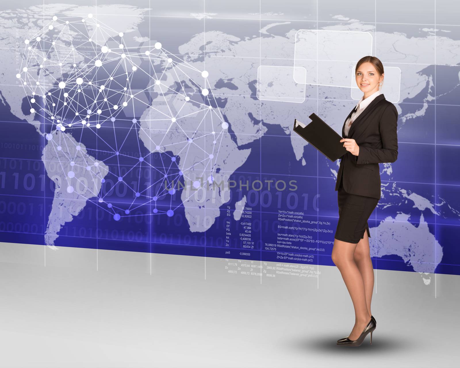 Businesslady with folder and world map by cherezoff