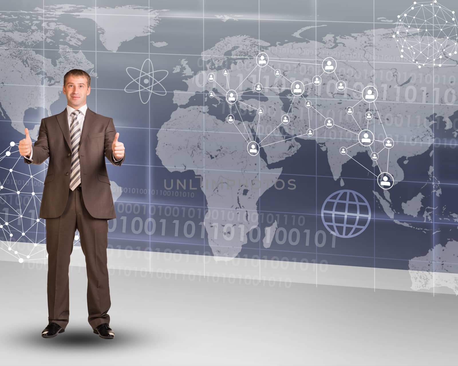 Businessperson showing ok on abstract background with world map and graphs
