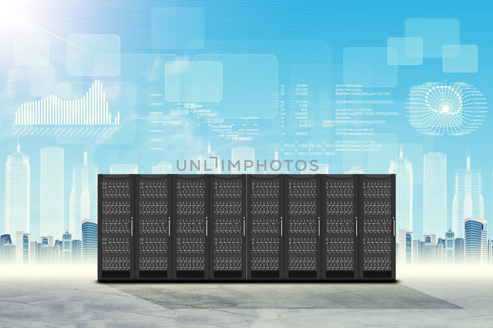Set of steel lockers on abstract cityscape background with graphs
