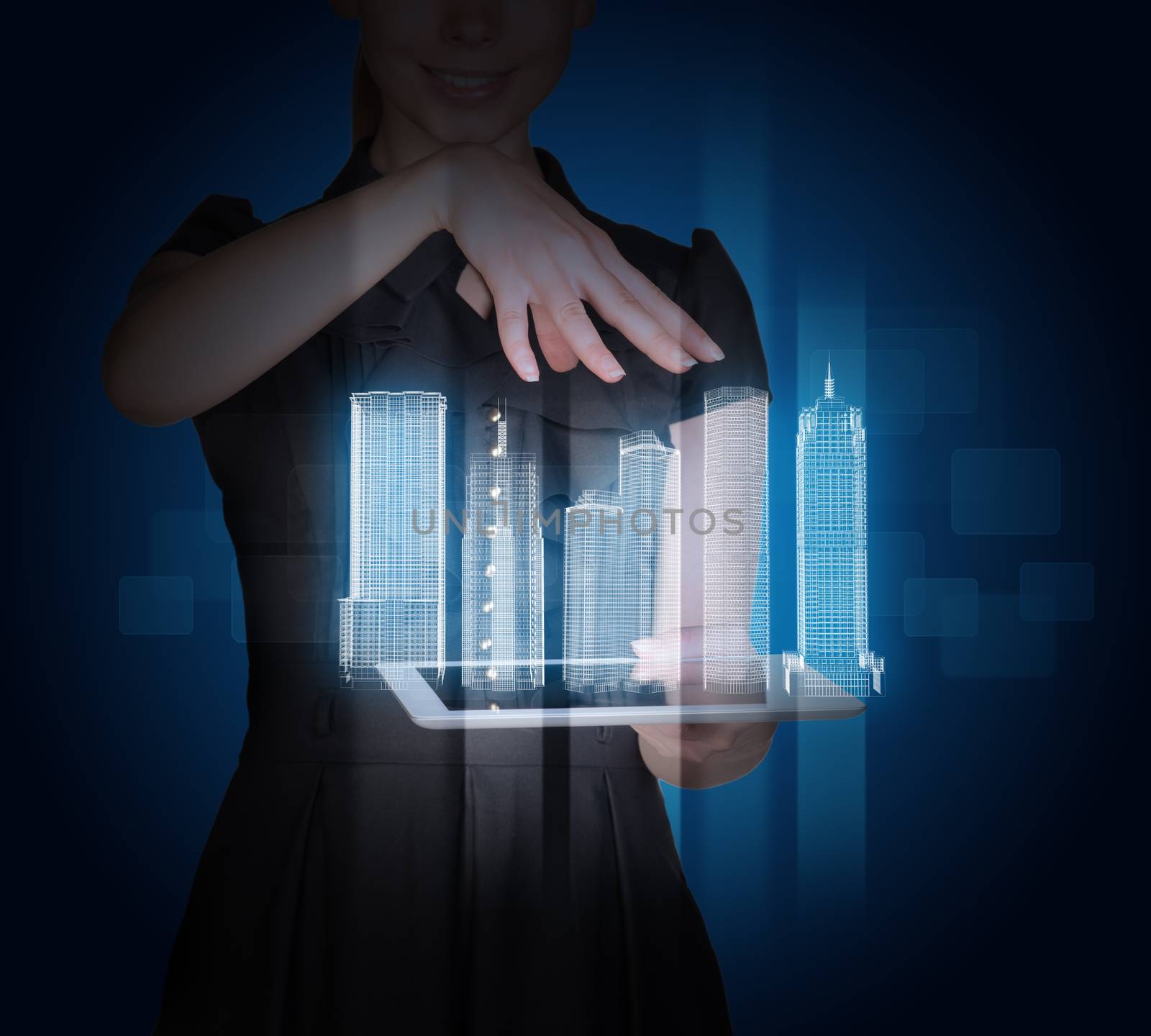 Businesswoman with tablet and 3d city model by cherezoff